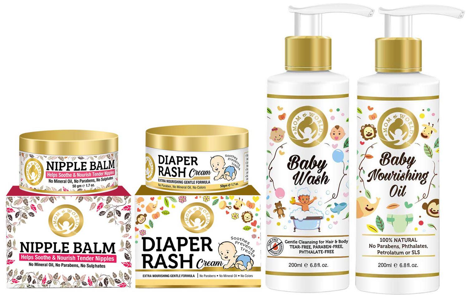 

Mom World Extra Nourishing Care Nipple Balm 50g Diaper Rash 50g Baby Wash 200ml Baby Nourishing Oil 200ml (Pack Of 4)