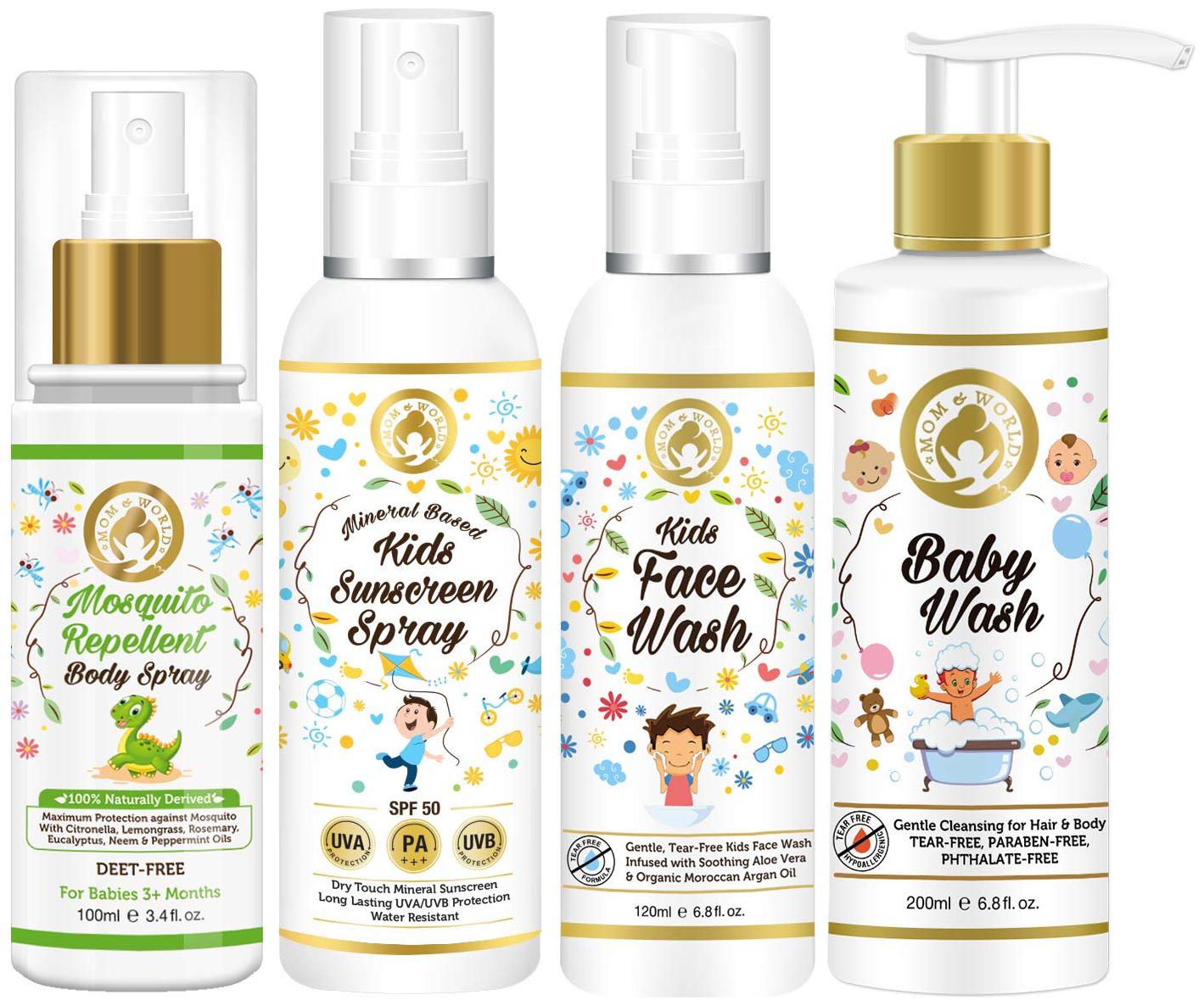 

Mom World Kids Care Body Spray 100ml Kids Sunscreen 120ml Kids Face Wash 120ml Baby Wash 200ml (Pack Of 4)