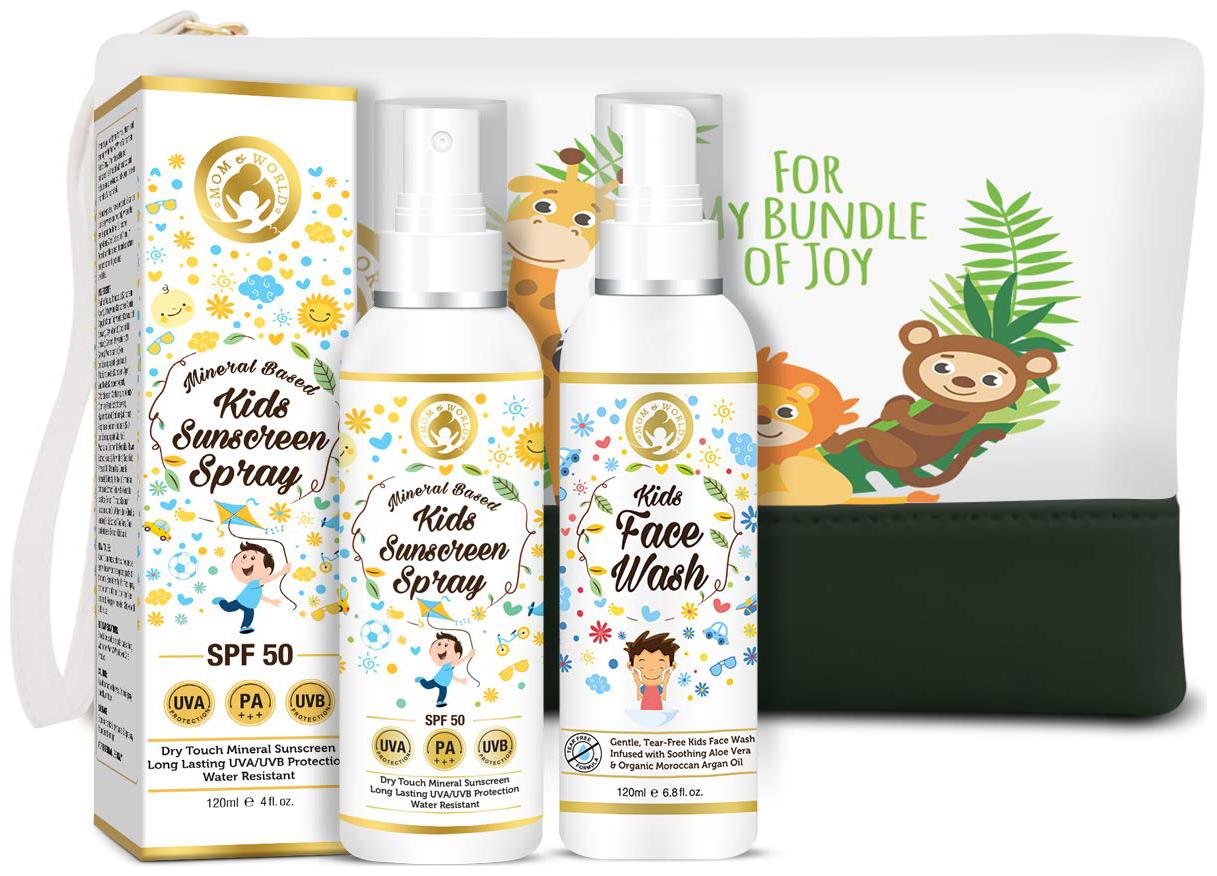 

Mom World Kid s Skin Protect Combo Kids Sunscreen Spray Kids Face Wash with Pouch 120ml (Pack Of 3)