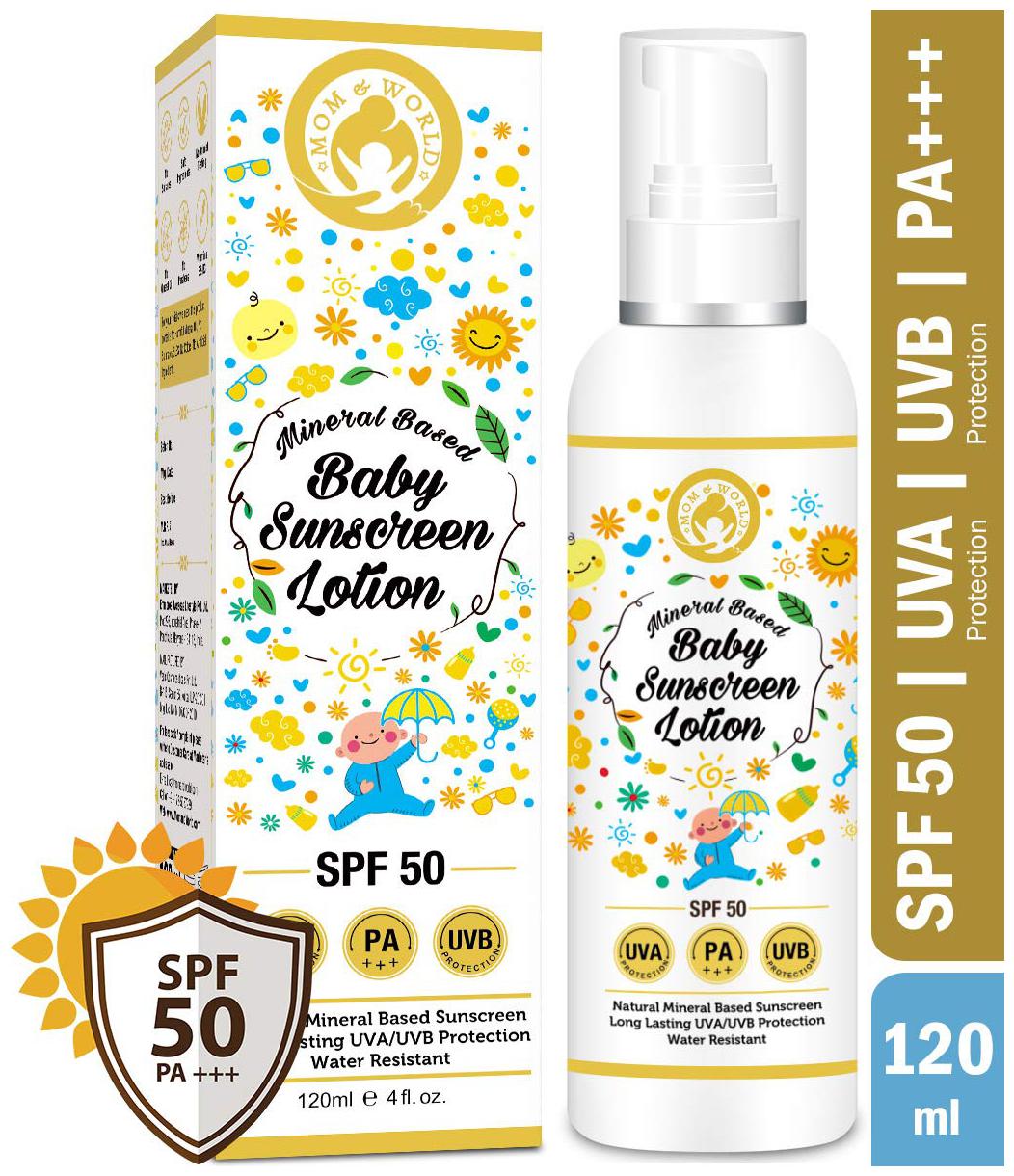 

Mom World Mineral Based Baby Sunscreen Lotion SPF 50 PA 120ml - UVA UVB Protection Water Resistance