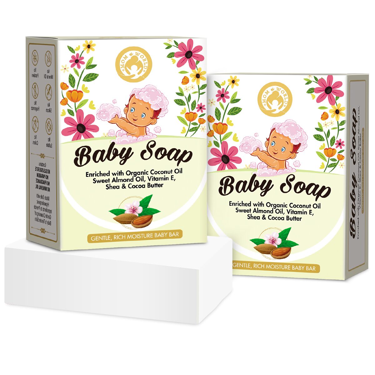 

Mom World Natural Baby Soap Enriched With Organic Coconut Oil Sweet Almond Oil Vitamin E Shea Cocoa Butter 125g (Pack Of 2)