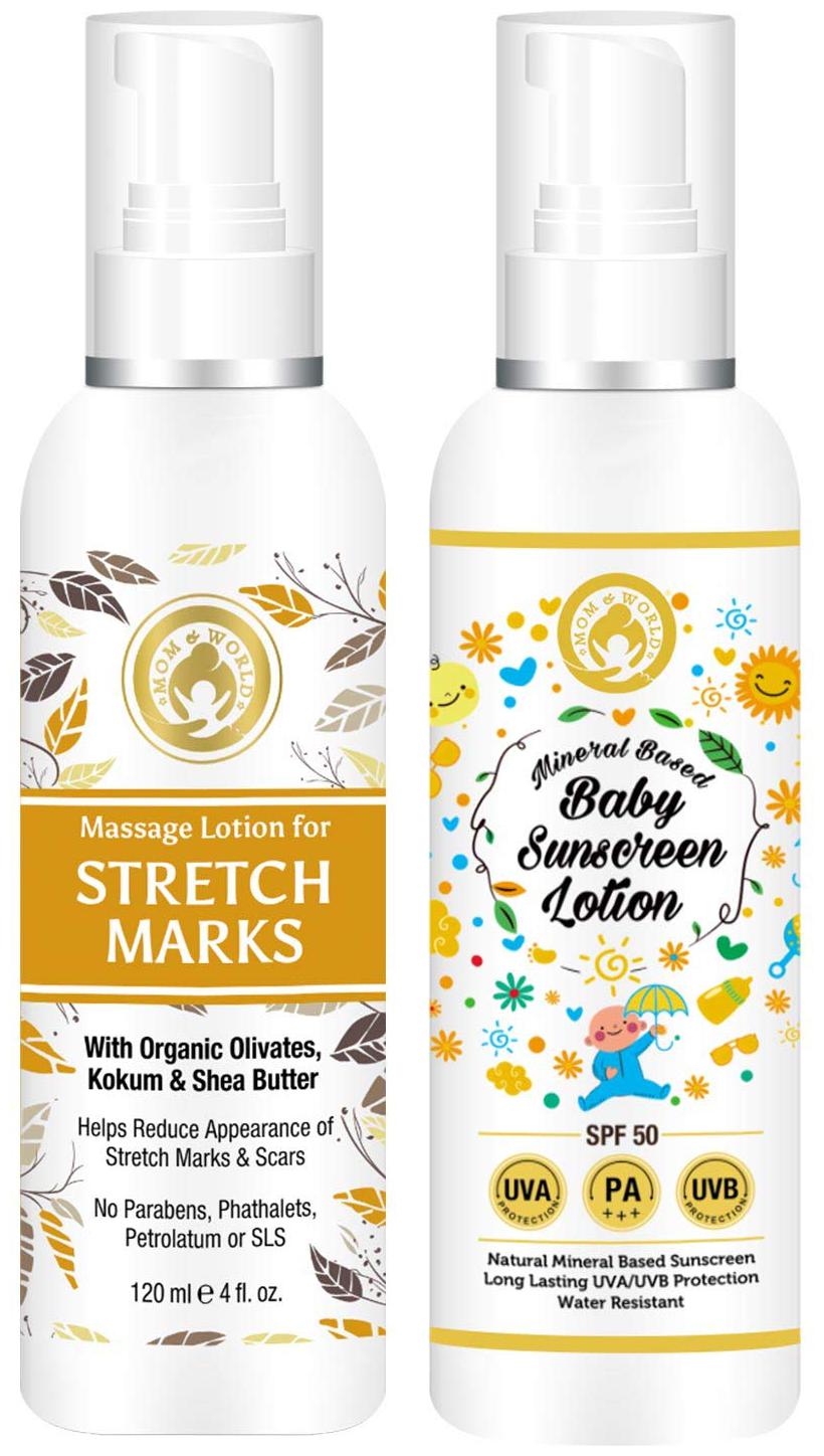 

Mom World Natural Skin Care Stretch Marks Lotion Baby Sunscreen Lotion (120 ml Each) (Pack Of 2)
