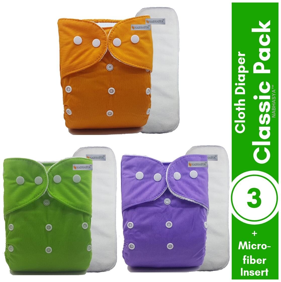 

Nabhasya Ease Living Baby Cloth Diaper with Natural Microfiber Insert Mix Color Set of 3- Multi