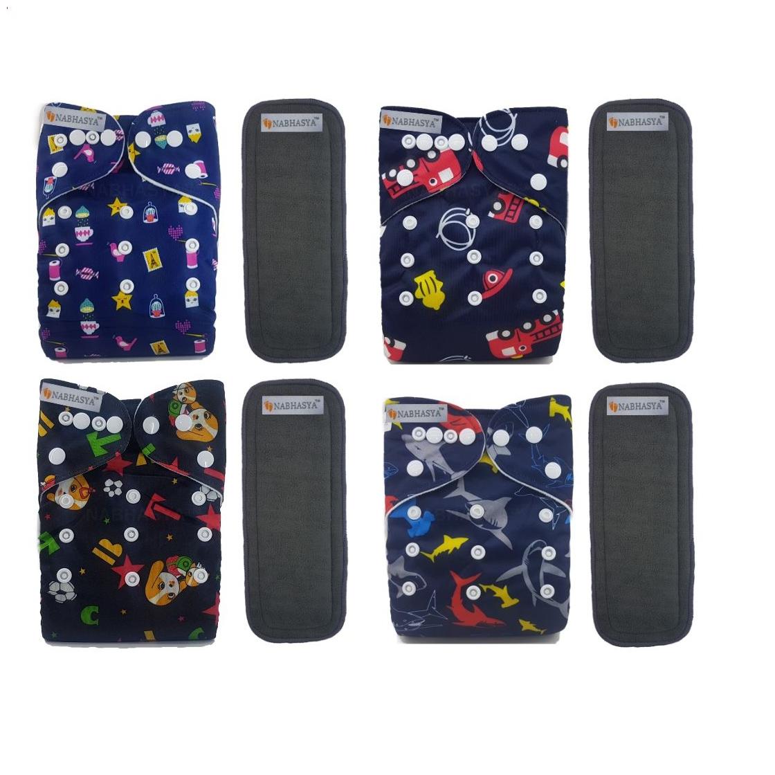 

Nabhasya Ease Living Vibrant Cloth Diapers for Babies with 5 Layer Bamboo Charcoal Diaper Inserts (Pack of 4)