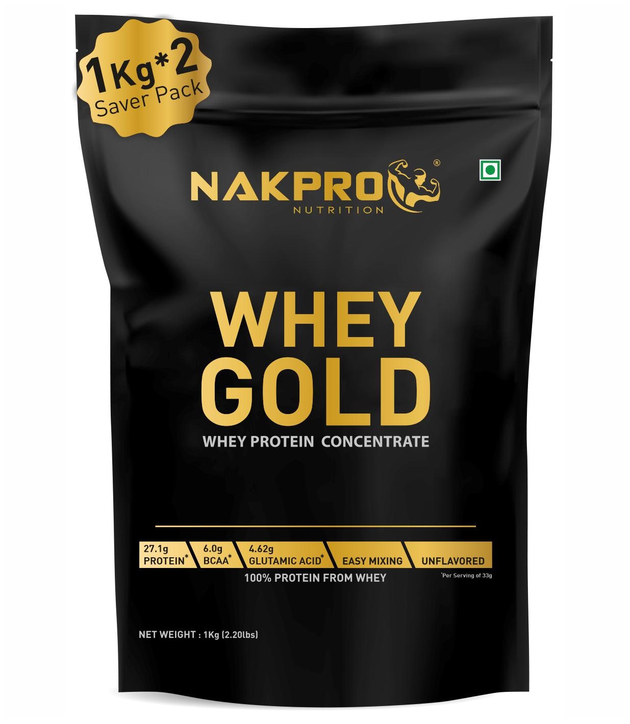 

NAKPRO GOLD 100 Whey Protein Concentrate 27 1g Protein 6g BCAA 4 6g Glutamine Whey Protein Concentrate Supplement Powder - 1 Kg Unflavour (Pack of 2)