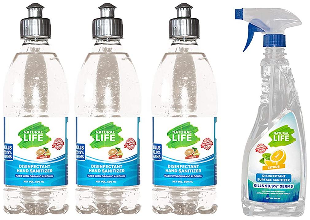 

Natural Life Fda Approved Sanitisation Kit - Hand And Surface Sanitizer 99 Natural Pack Of 4 Citrus 500ml 1