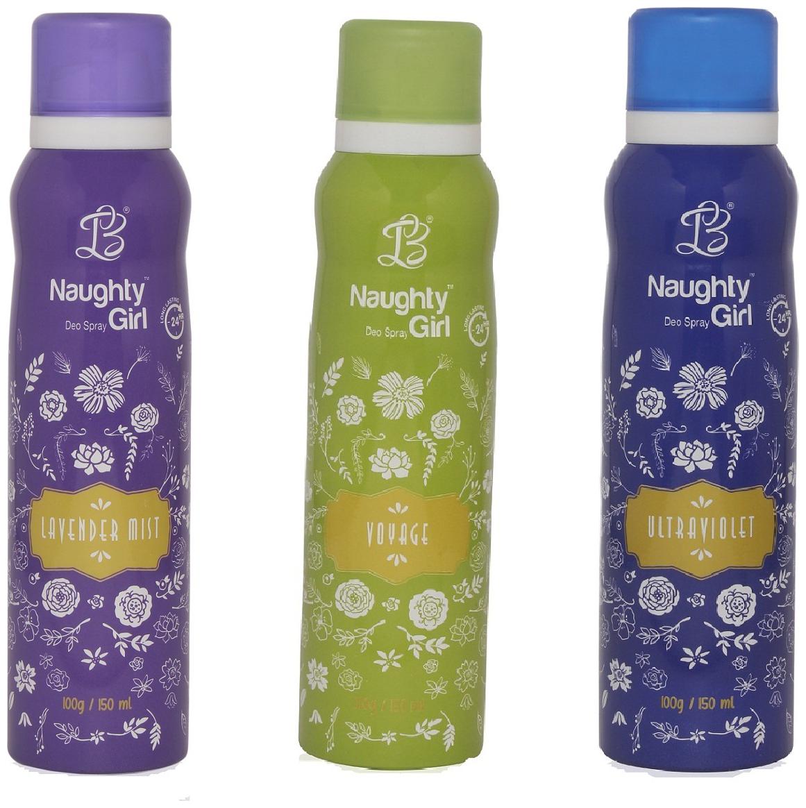 

Naughty Girl LAVENDER MIST VOYAGE ULTRAVOILET Gas Deodorant for Women (Pack of 3) (150ml each)