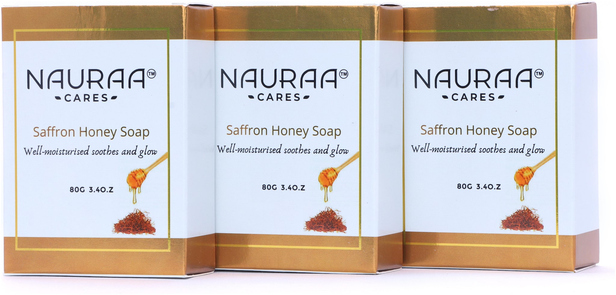 

Nauraa Cares Saffron Honey Natural Handmade Bathing Soap Bar 80 g (Pack of 3)