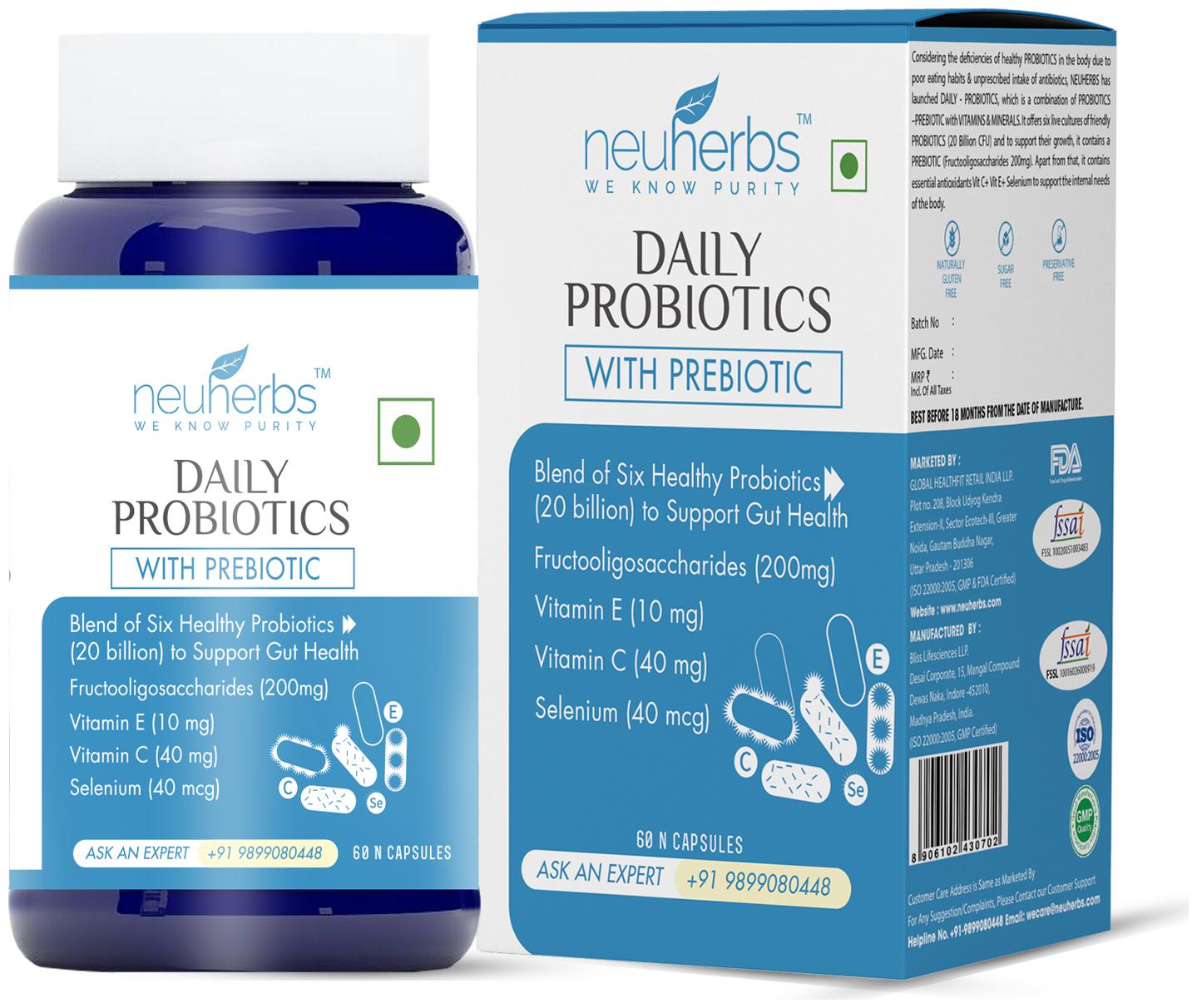 

Neuherbs Daily Probiotics with Prebiotic 20 Billion CFU with added Vitamin C E Selenium For Immunity Gut Health - 60 caps (Immunity Booster)