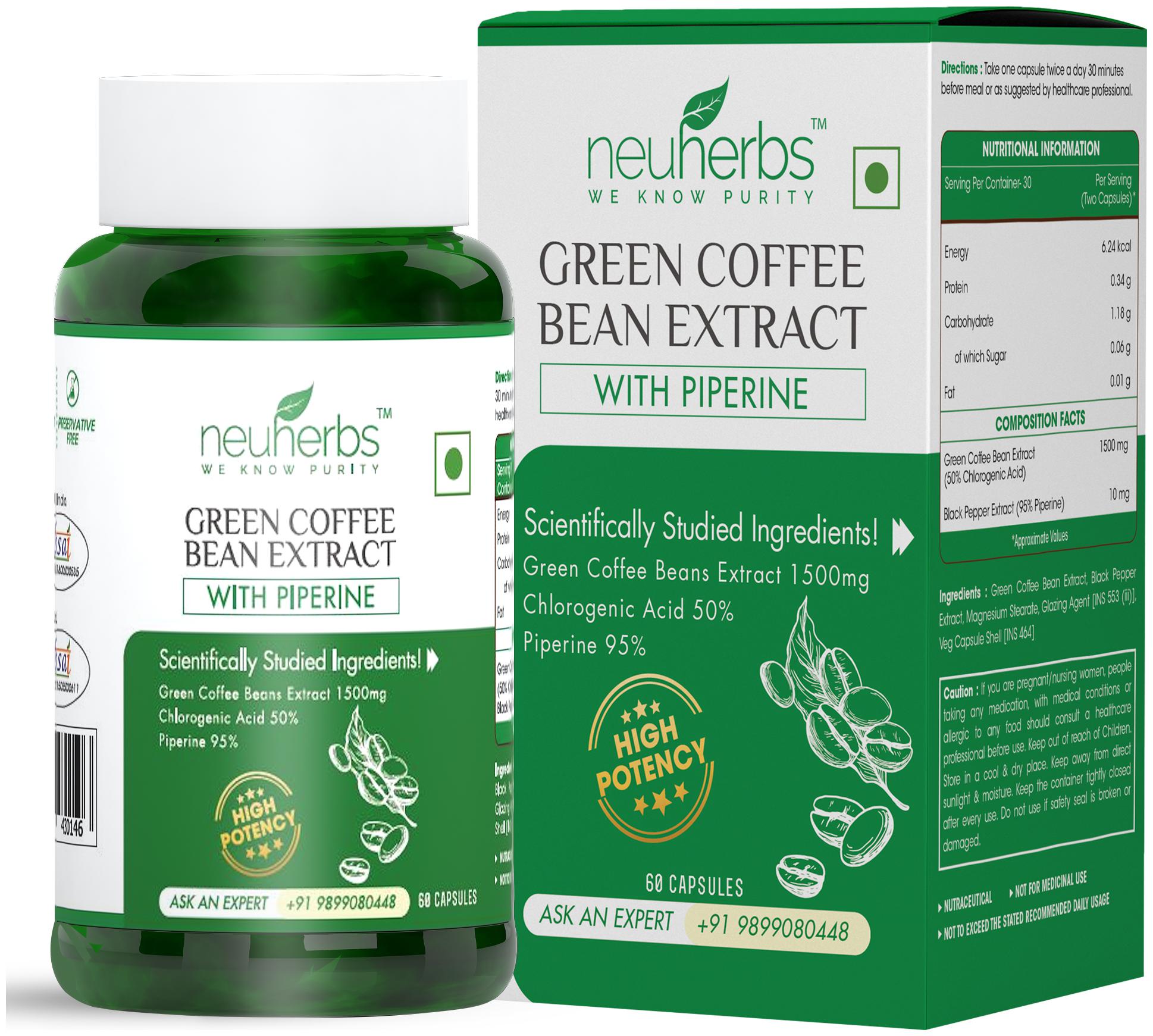 

Neuherbs Green Coffee Beans Extract (Fat Burner for Mens Women) 1500 Mg - 50 Chlorogenic Acid High Potency Formula 60 Caps
