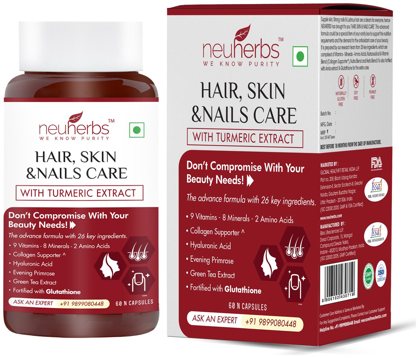 

Neuherbs Hair Skin Nails Vitamin Supplement with Turmeric Primrose Oil Glutathione Collagen- 60 Capsules for Men and Women
