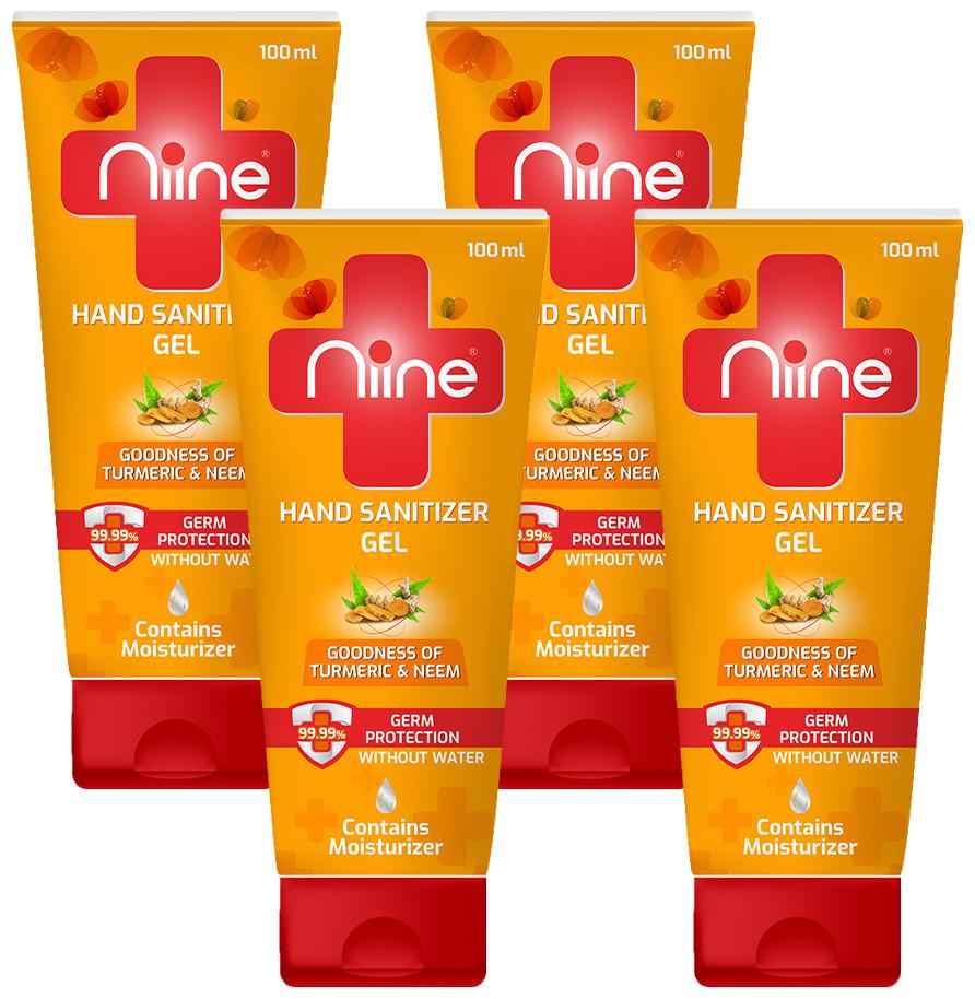 

Niine Gel based Hand Sanitizer Tube with Goodness of Neem and Turmeric 70 Alcohol 100 ml Flip Flop Tube-(Pack of 4)