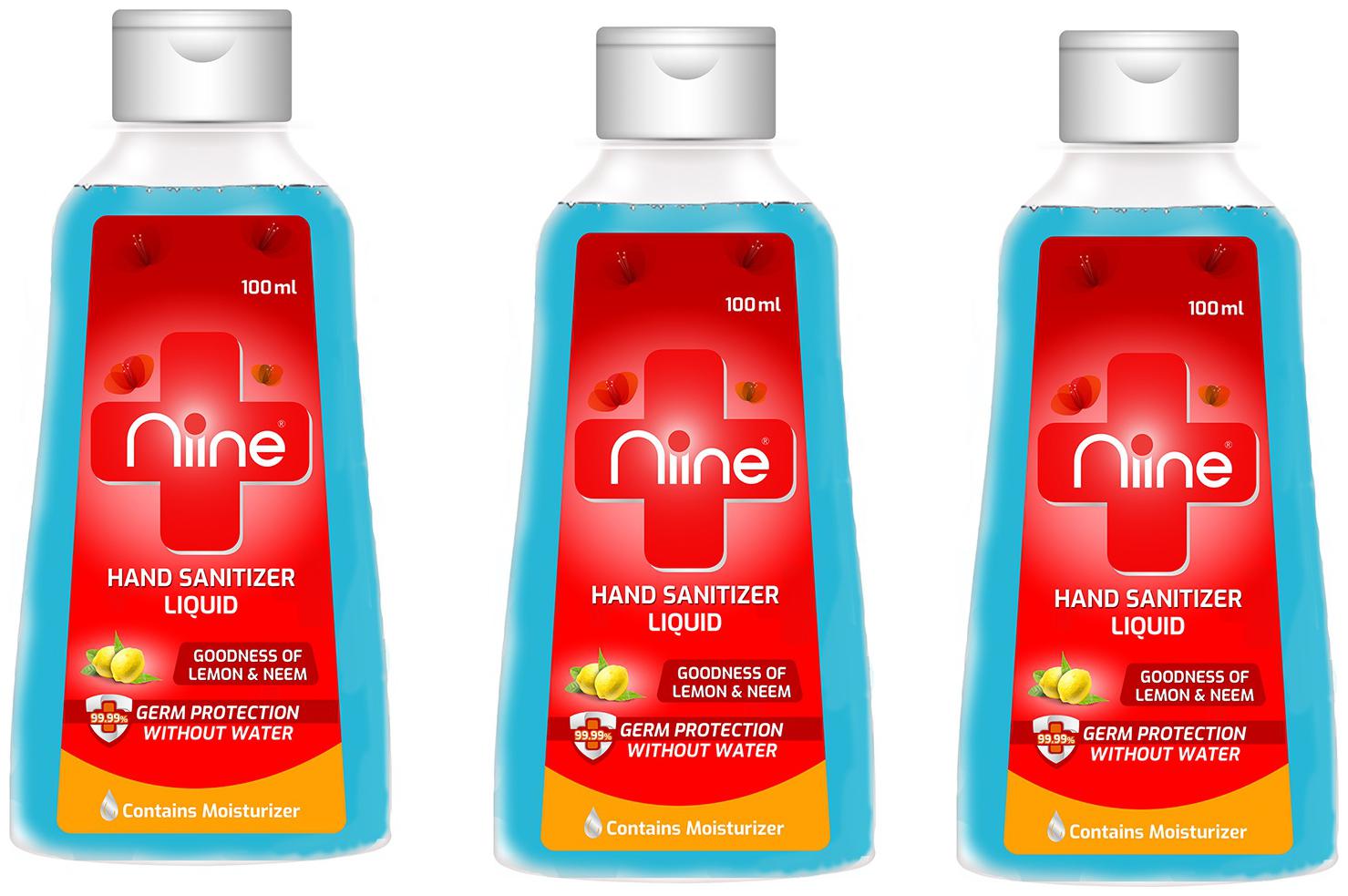 

Niine Hand Sanitizer Liquid with Goodness of Lemon and Neem 70 Alcohol 100 ml FlipTop Bottle-Pack of 3