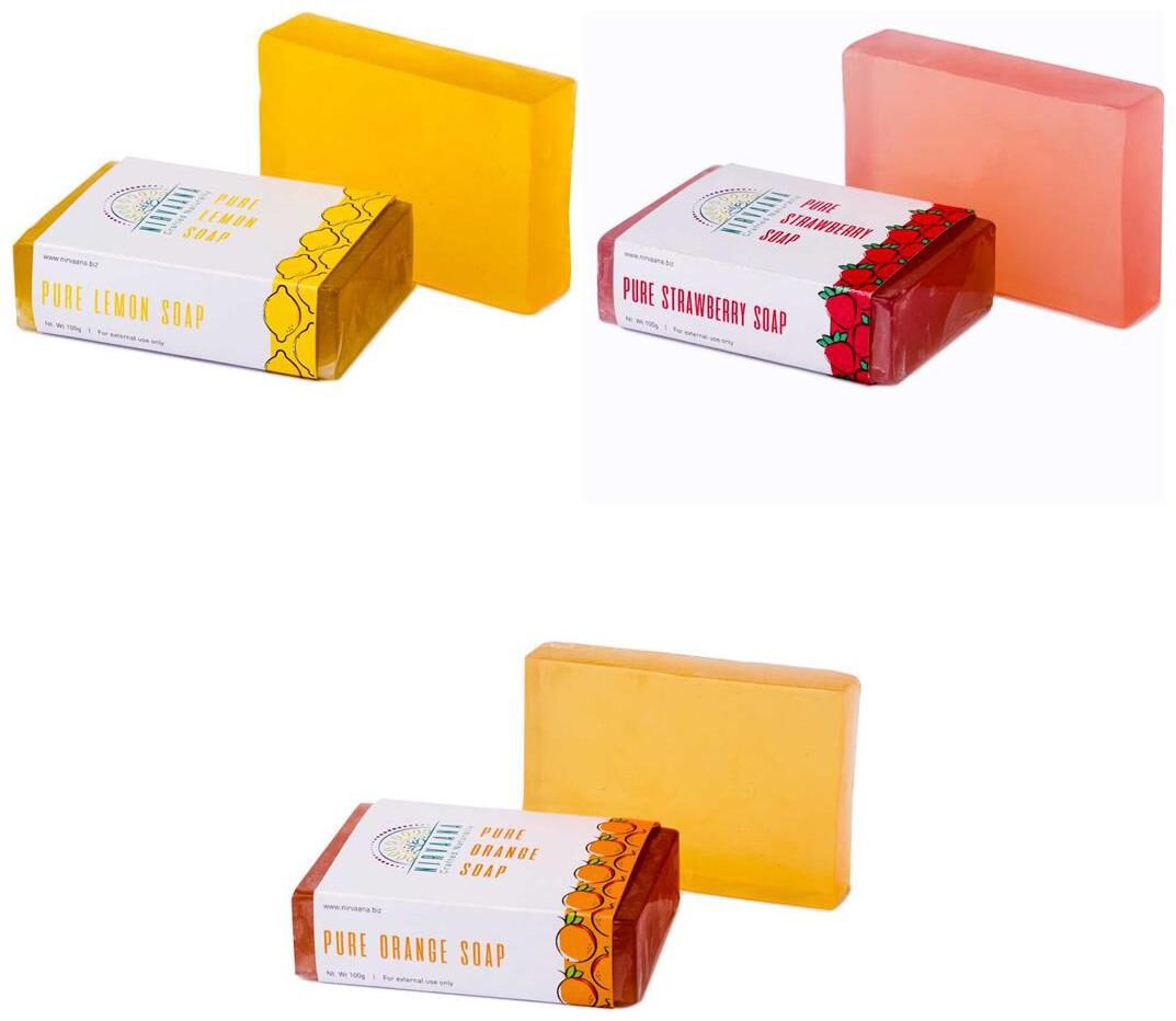 

Nirvaana Handmade Natural Assorted Soap Set (Lemon Orange Strawberry) Pack of 3