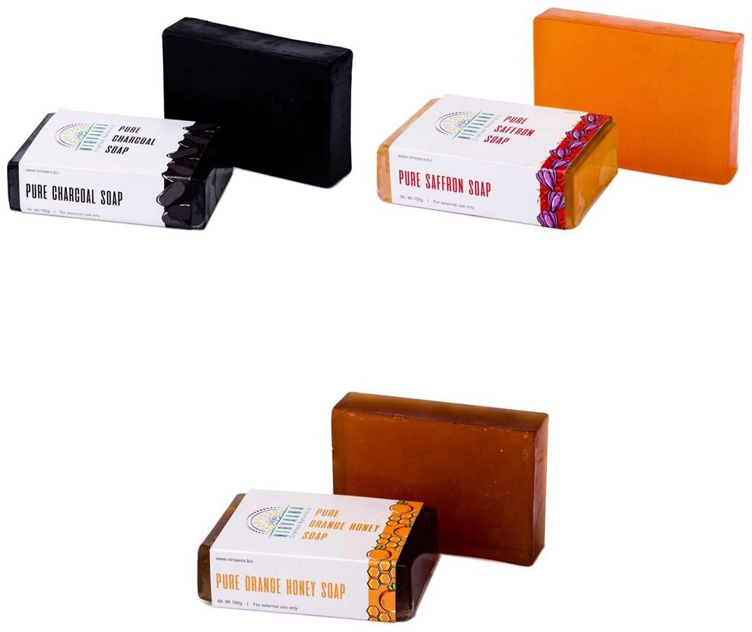 

Nirvaana Handmade Natural Assorted Soap Set (Orange Honey Saffron Charcoal) Pack of 3