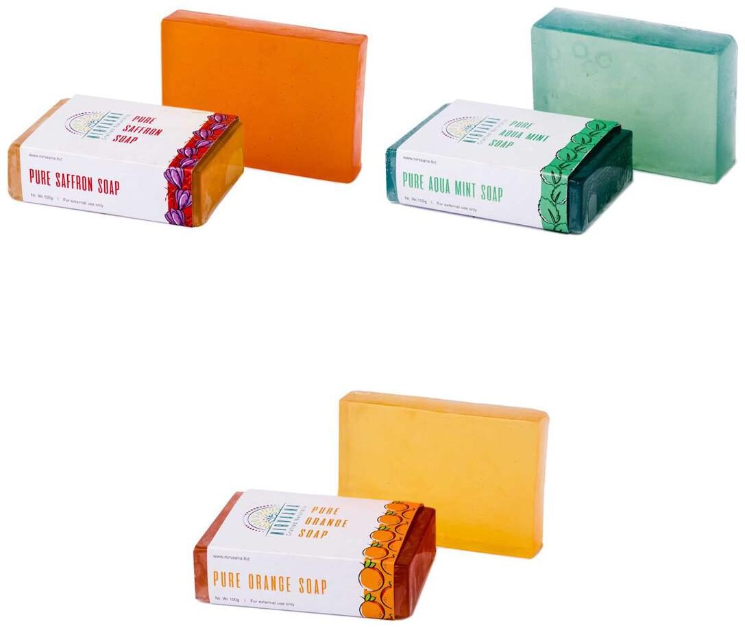 

Nirvaana Handmade Natural Assorted Soap Set (Orange Aqua Mint Saffron) Pack of 3