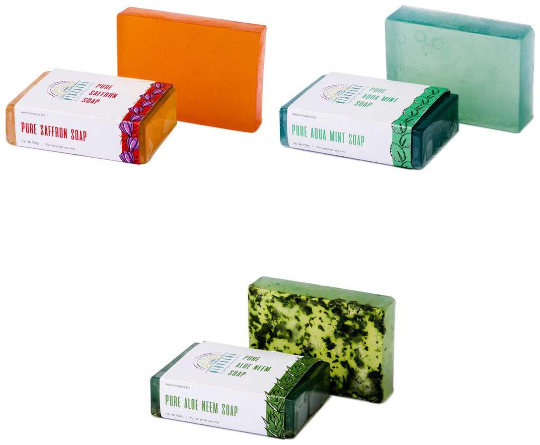 

Nirvaana Handmade Natural Assorted Soap Set (Aloe Neem Saffron AquaMint) Pack of 3