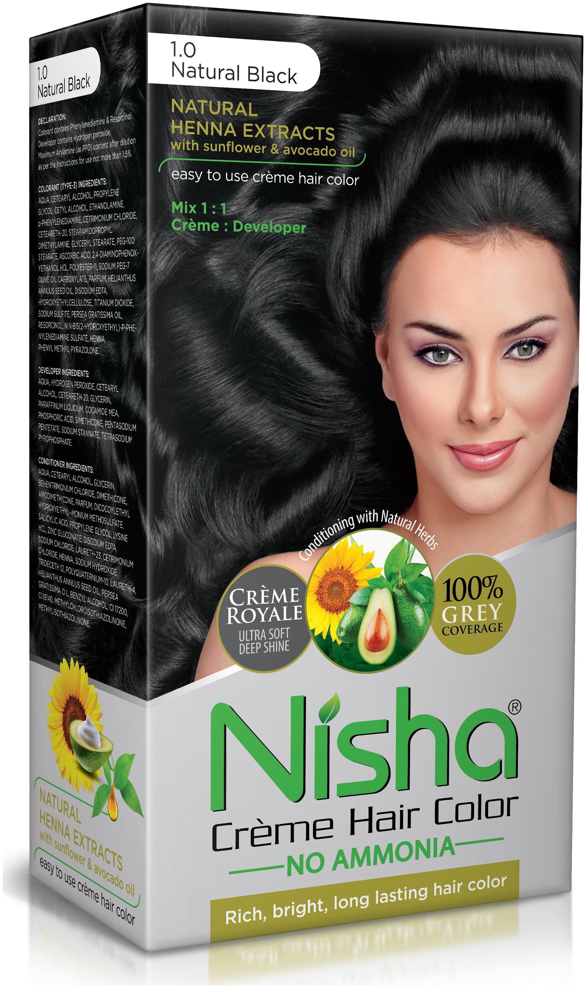 

Nisha Cream Hair Color No Ammonia Cream Formula Rich Bright Long Lasting Smooth Care For Your Precious Hair Natural Black 1 0 (Pack Of 2)-138 ml each