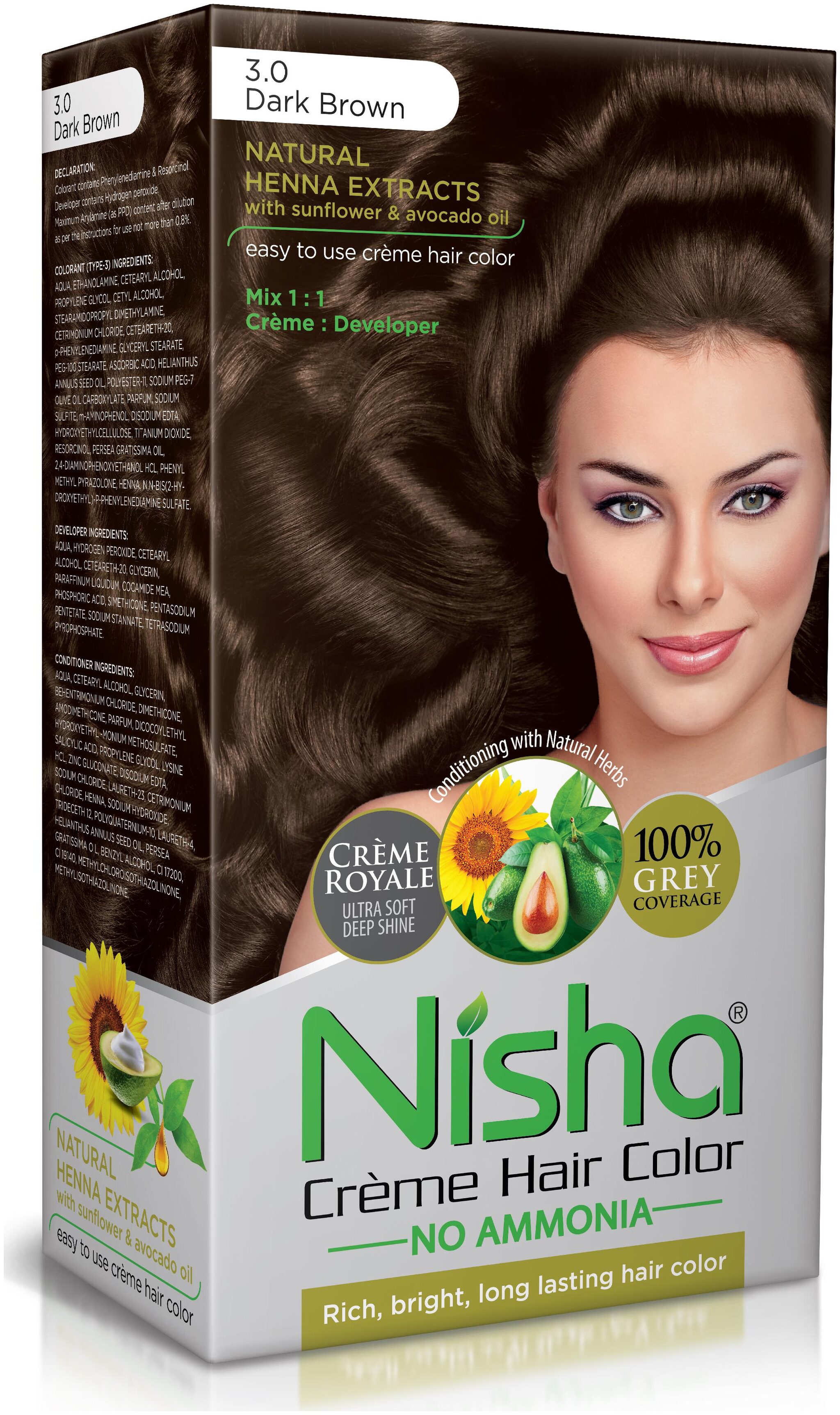 

Nisha Cream Hair Color No Ammonia Cream Formula Rich Bright Long Lasting Smooth Care For Your Precious Hair Dark Brown 3 0 -138 ml