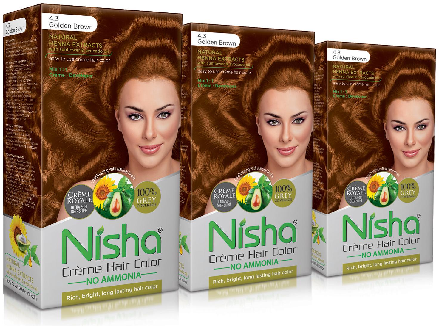

Nisha Cream-Based Hair Color (60g Colourant 60ml developer 18ml Nisha Conditioner with Natural Herbs) (Pack of 3) Golden Brown 4 3