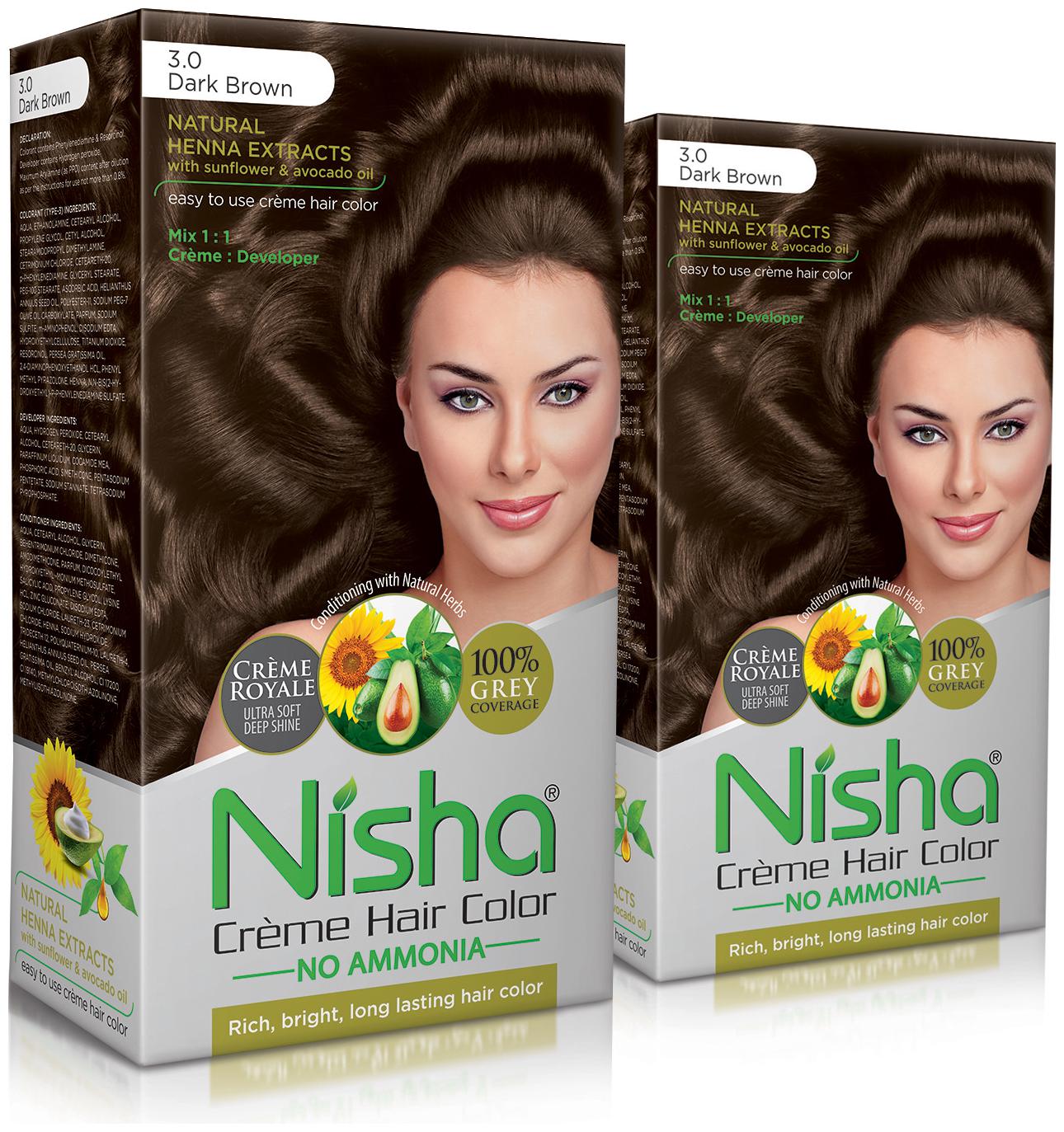 

Nisha Cream-Based Hair Color (60g Colourant 60ml developer 18ml Nisha Conditioner with Natural Herbs) (Pack of 2) Dark Brown 3