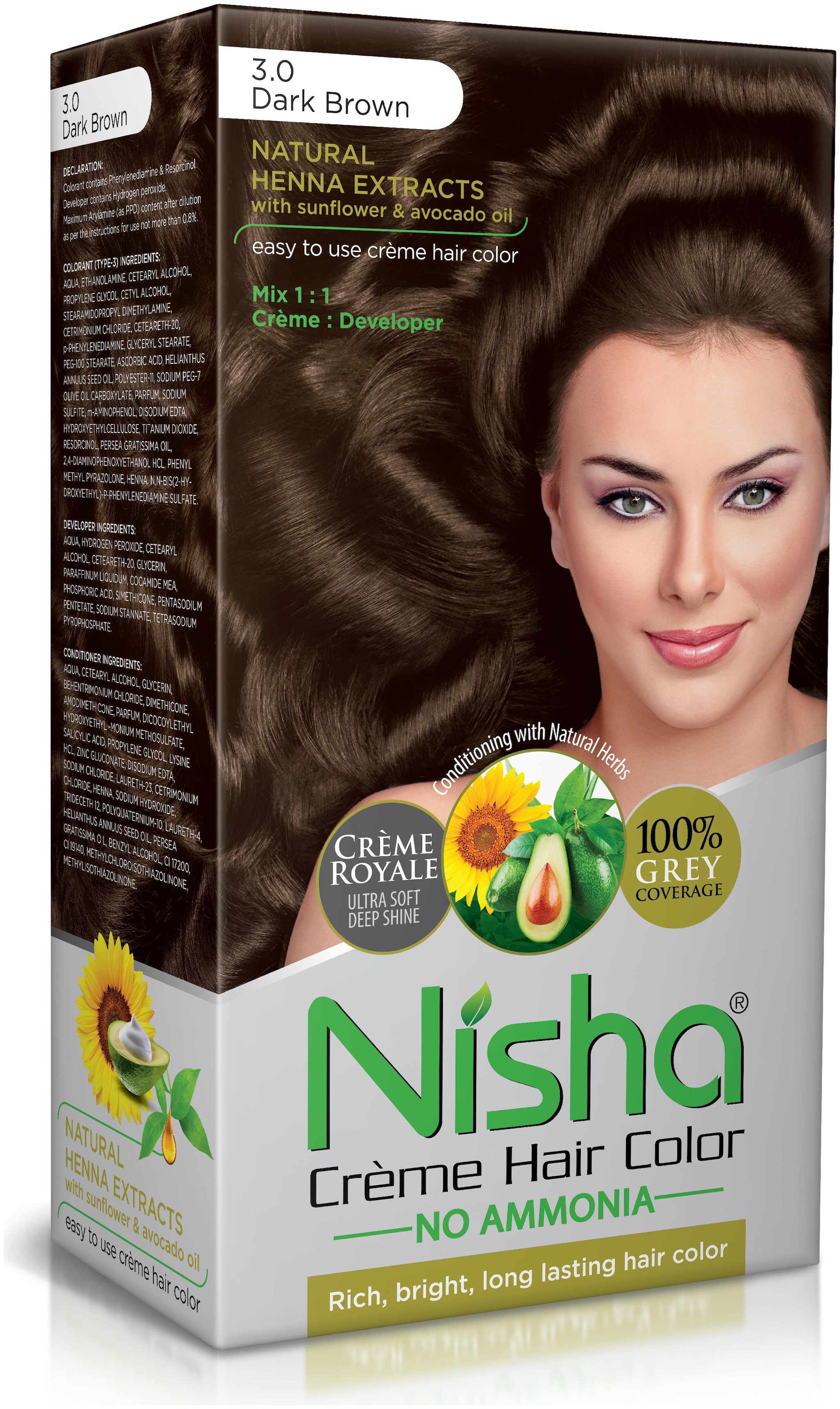 

Nisha Cream-Based Hair Color (60g Colourant 60ml developer 18ml Nisha Conditioner with Natural Herbs) Dark Brown 3