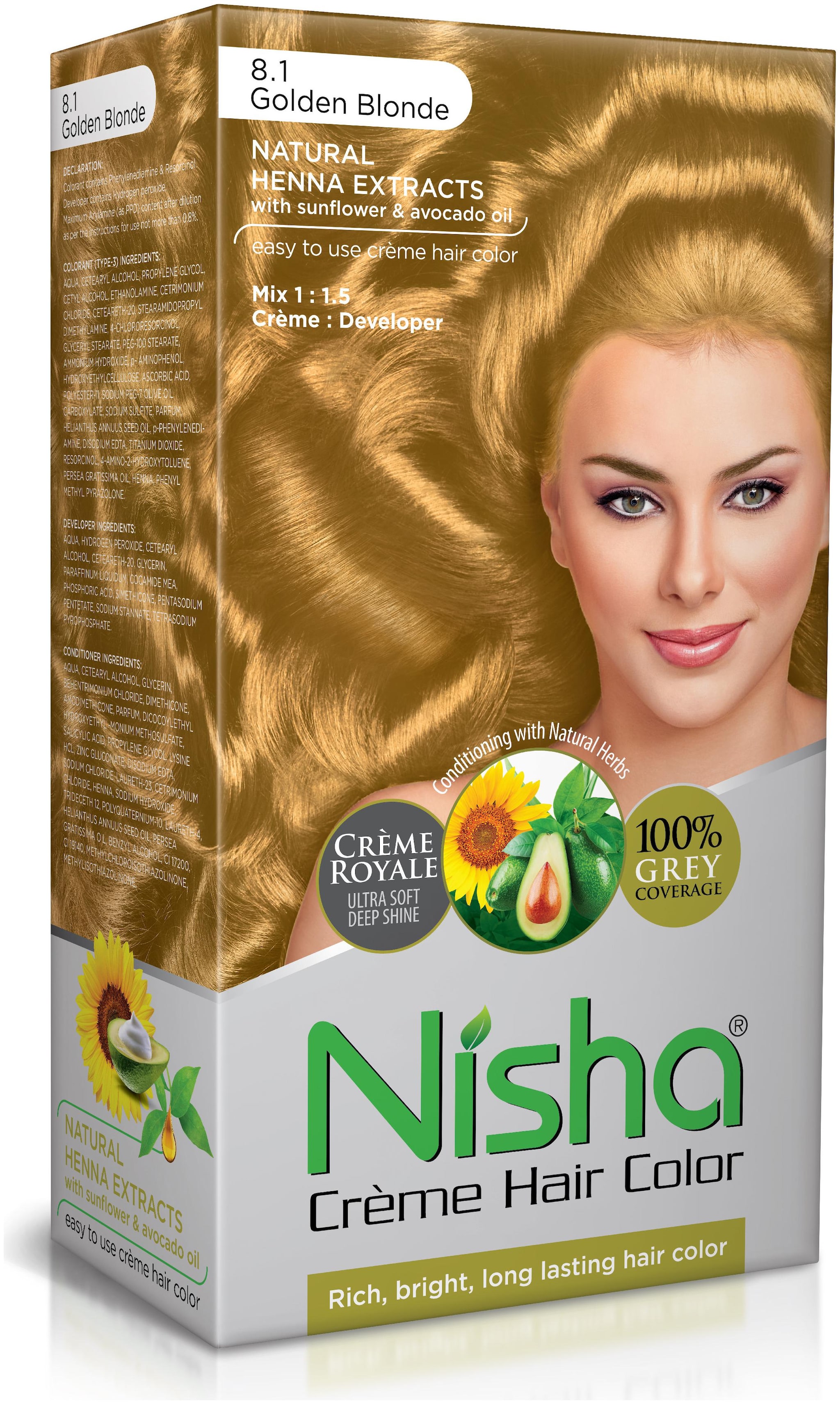 

Nisha Cream-Based Hair Color (60g Colourant 90ml developer 18ml Nisha Conditioner with Natural Herbs) Golden Blonde 8 1