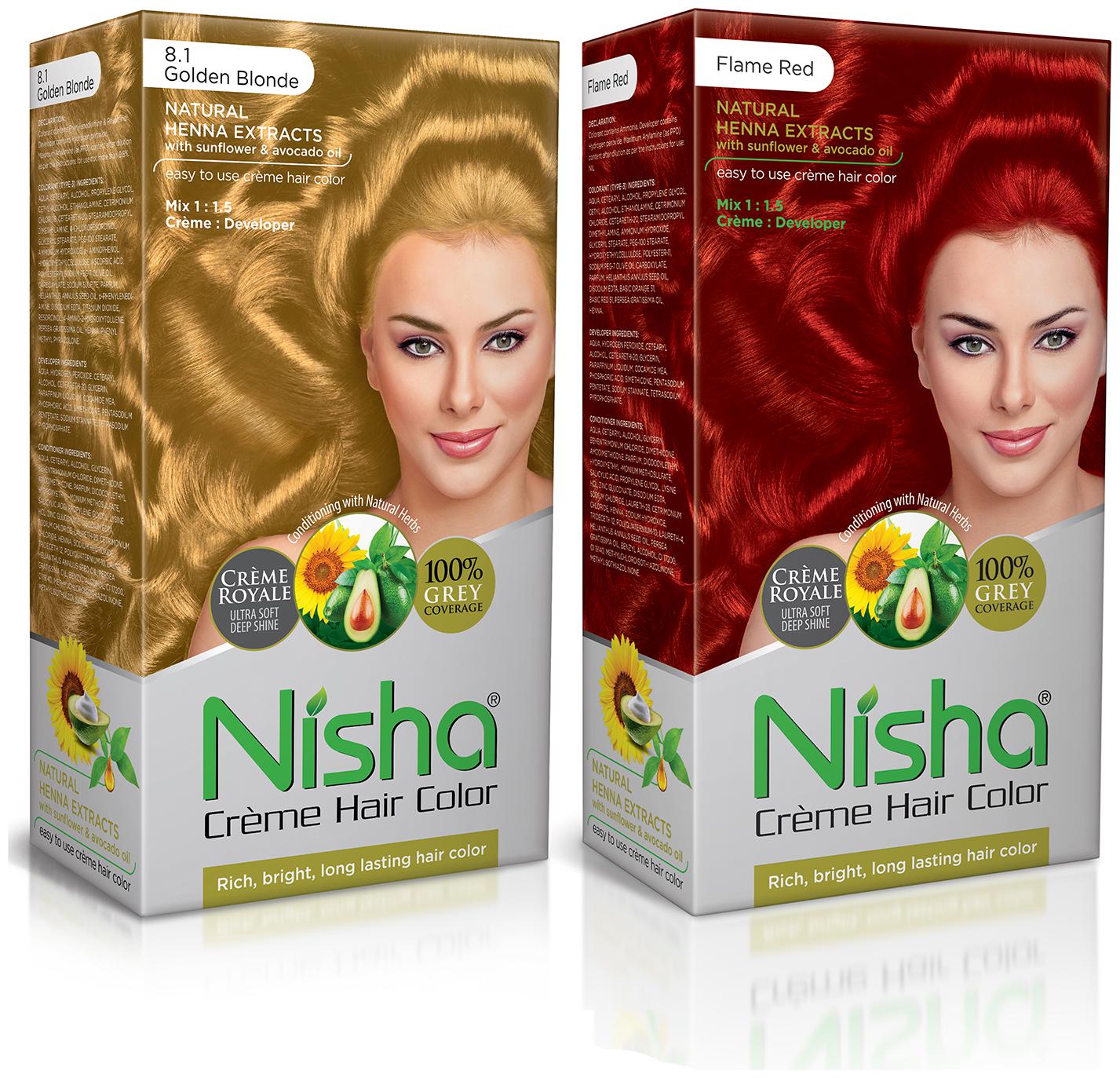 

Nisha Creme Hair Color Combo Pack Golden Blonde Flame Red (60g Colourant 90ml developer 18ml Nisha Conditioner)Pack of 2