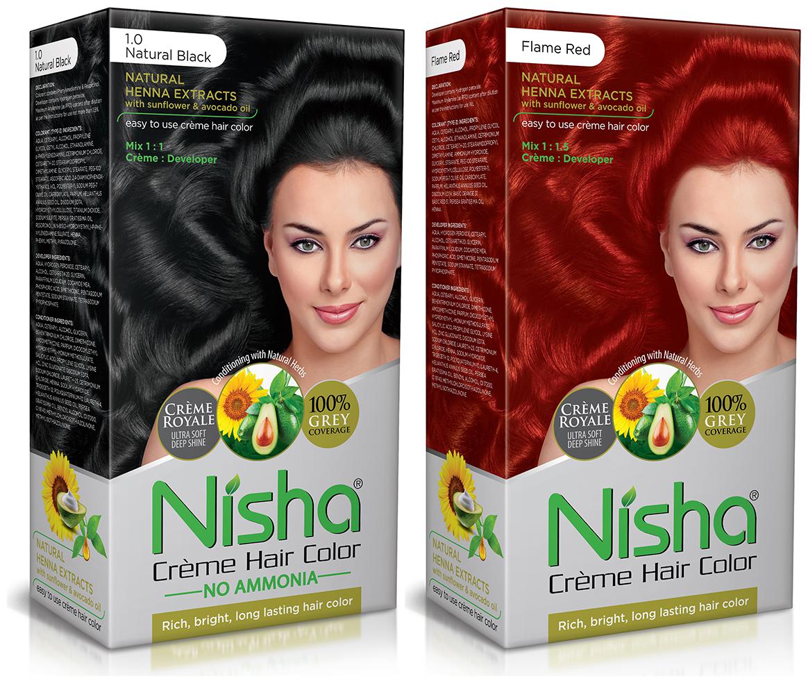 

Nisha Creme Hair Color Combo Pack Natural Black Flame Red (60g Cream 60 90ml Developer 18ml Nisha Conditioner) Pack of 2