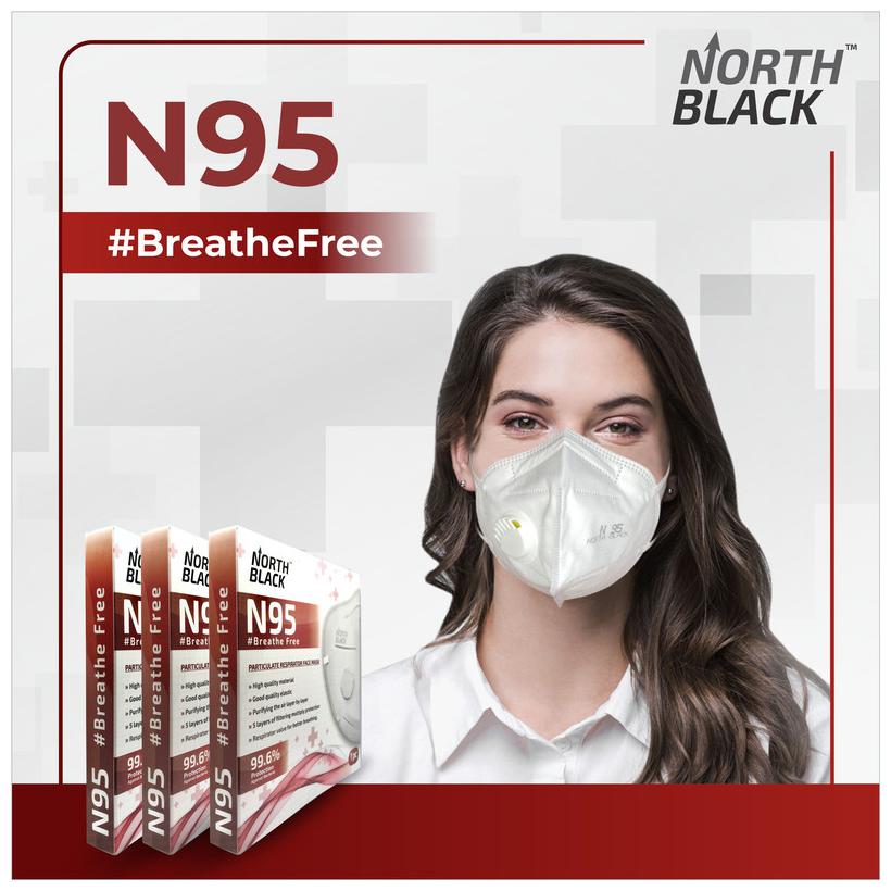 

NORTH BLACK Anti Pollution Activate N95 Mask SITRA Certified 5 Layer Filter Respiratory Valve Droplets Breathable Reusable Disposable Pack of 3