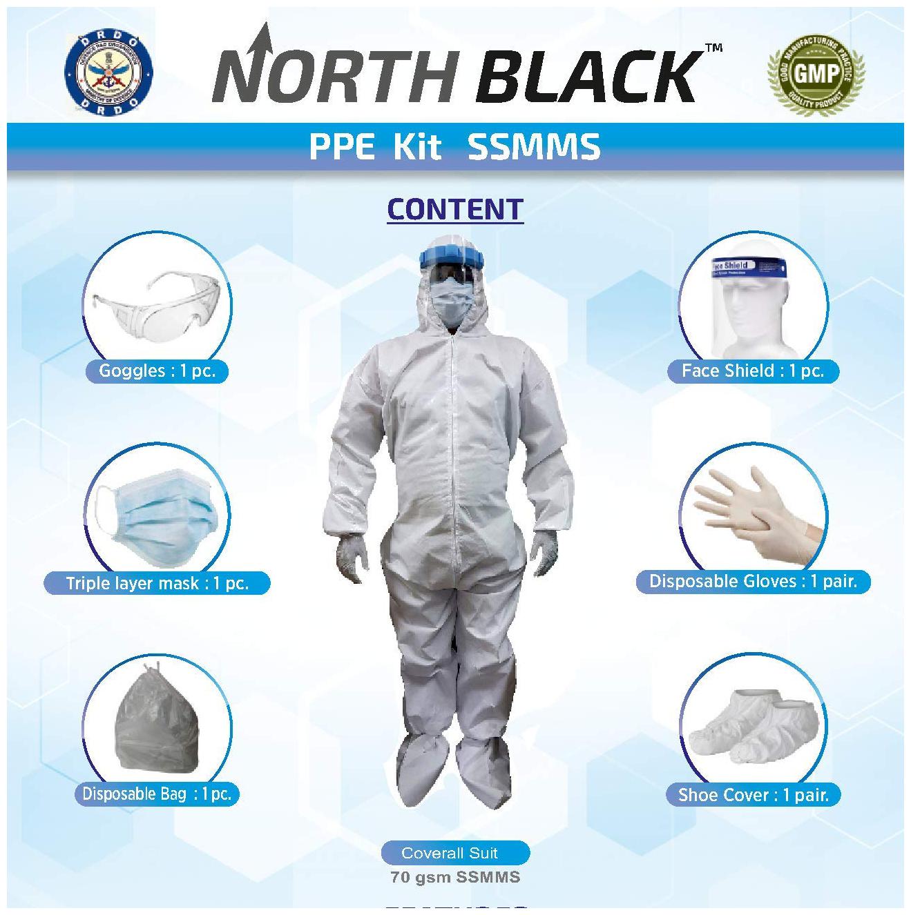 

North Black Drdo Certified Medical Ssmms Ppe Kit Coverall Hood Gloves Shoe Cover Goggles Face Mask Shield Premium Quality Comfortable Breathable Disposable Airport Use 70 Gsm Free Size