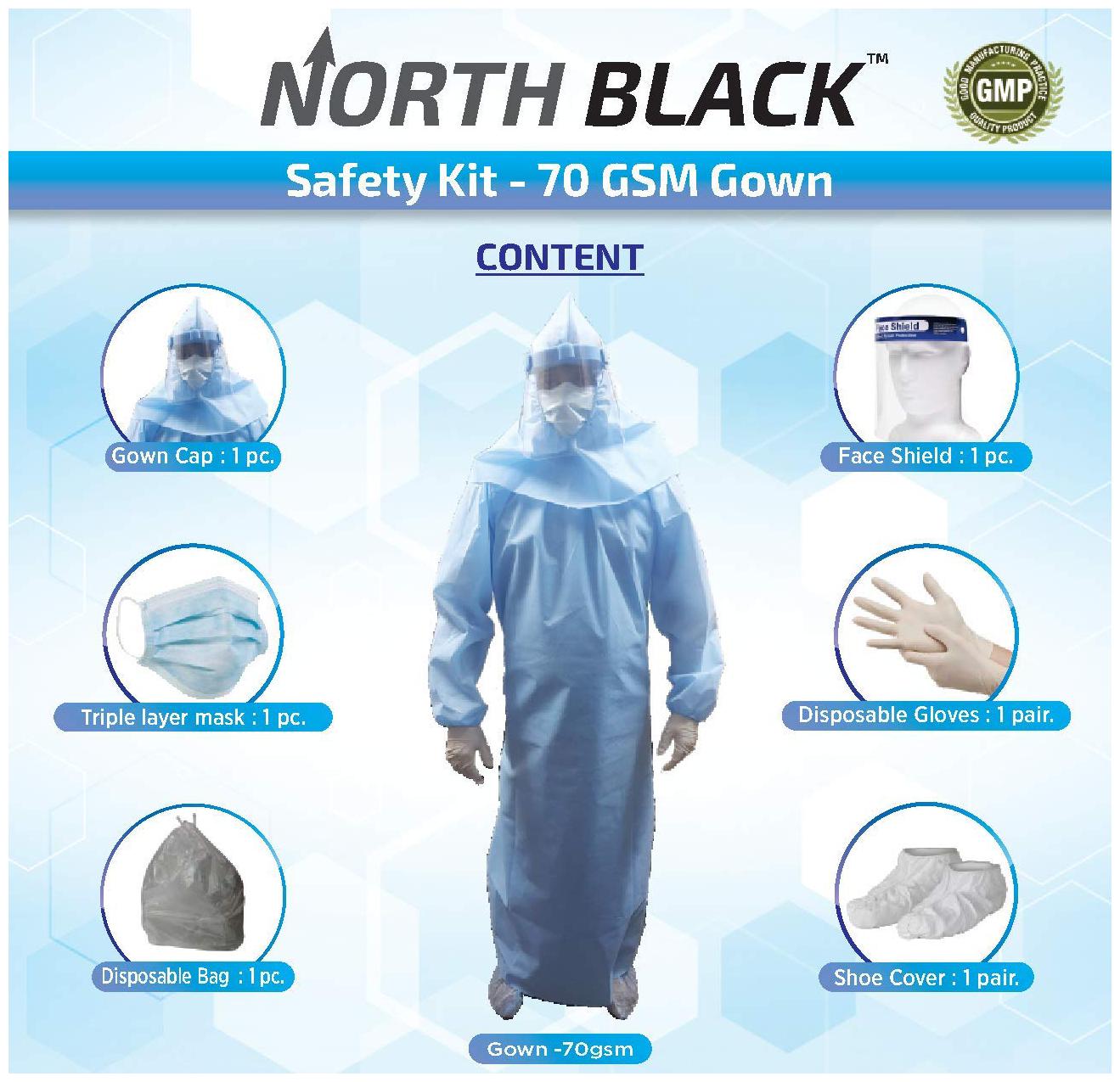 

North Black Gmp Certified Medical Safety Kit Gown Gown Cap Gloves Shoe Cover Face Mask Shield Disposable Bag Comfortable Disposable Airport Front Desk Salon Use 70 Gsm Free Size