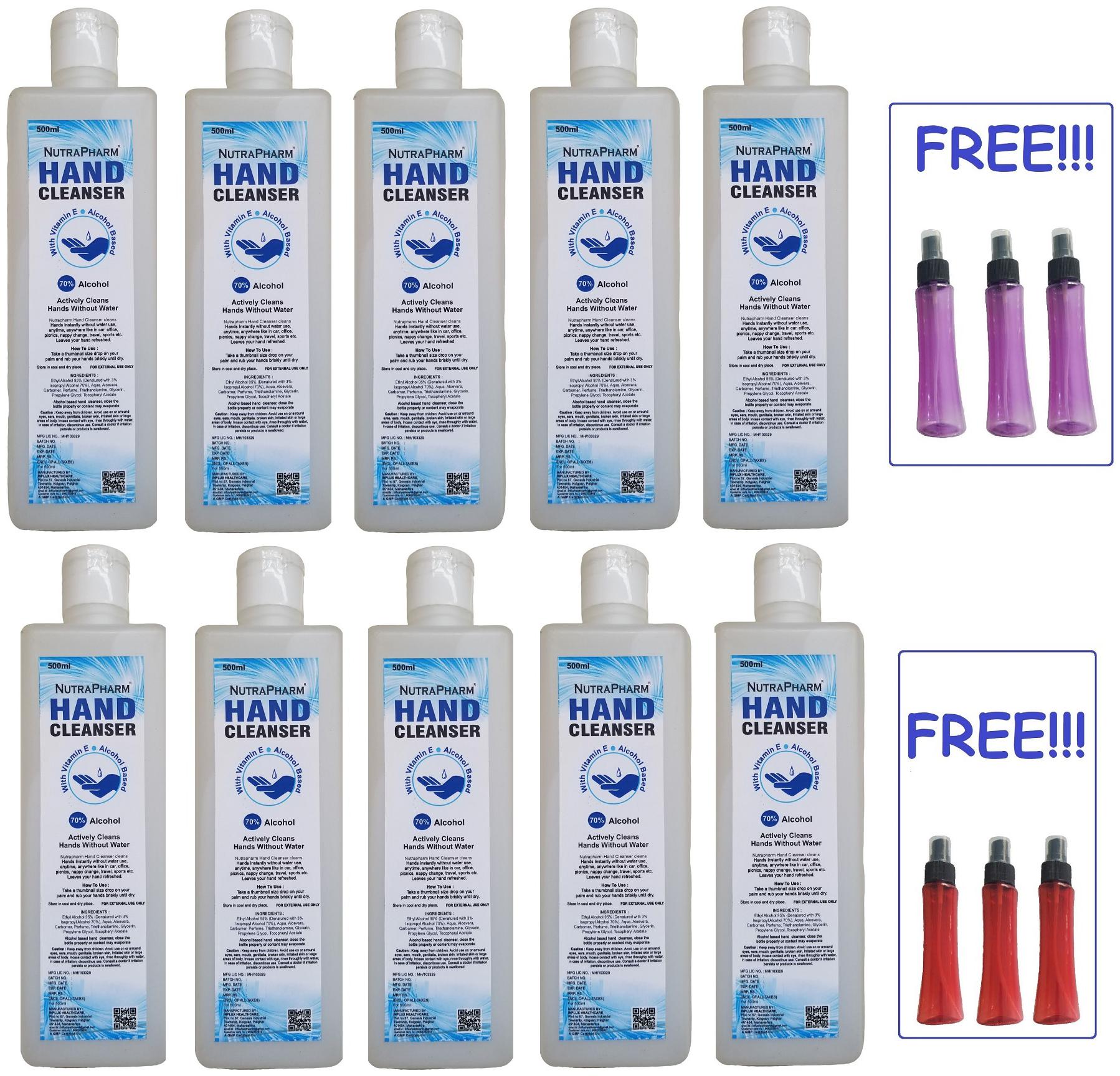 

Nutrapharm 70 Alcohol Aloe Instant Hand Cleanser 500ml(Pack of 10) And FREE 6 Spray Bottles