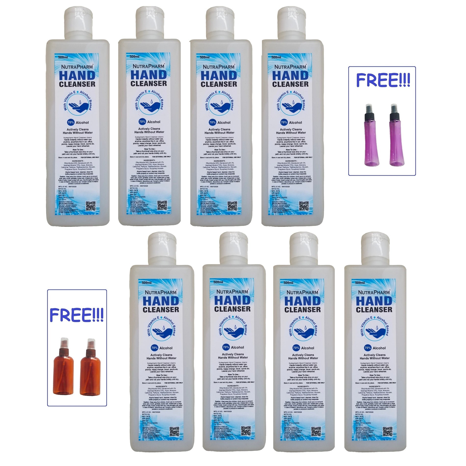 

Nutrapharm 70 Alcohol Aloe Instant Hand Cleanser 500ml-(Pack of 8) And FREE 4 Spray Bottles