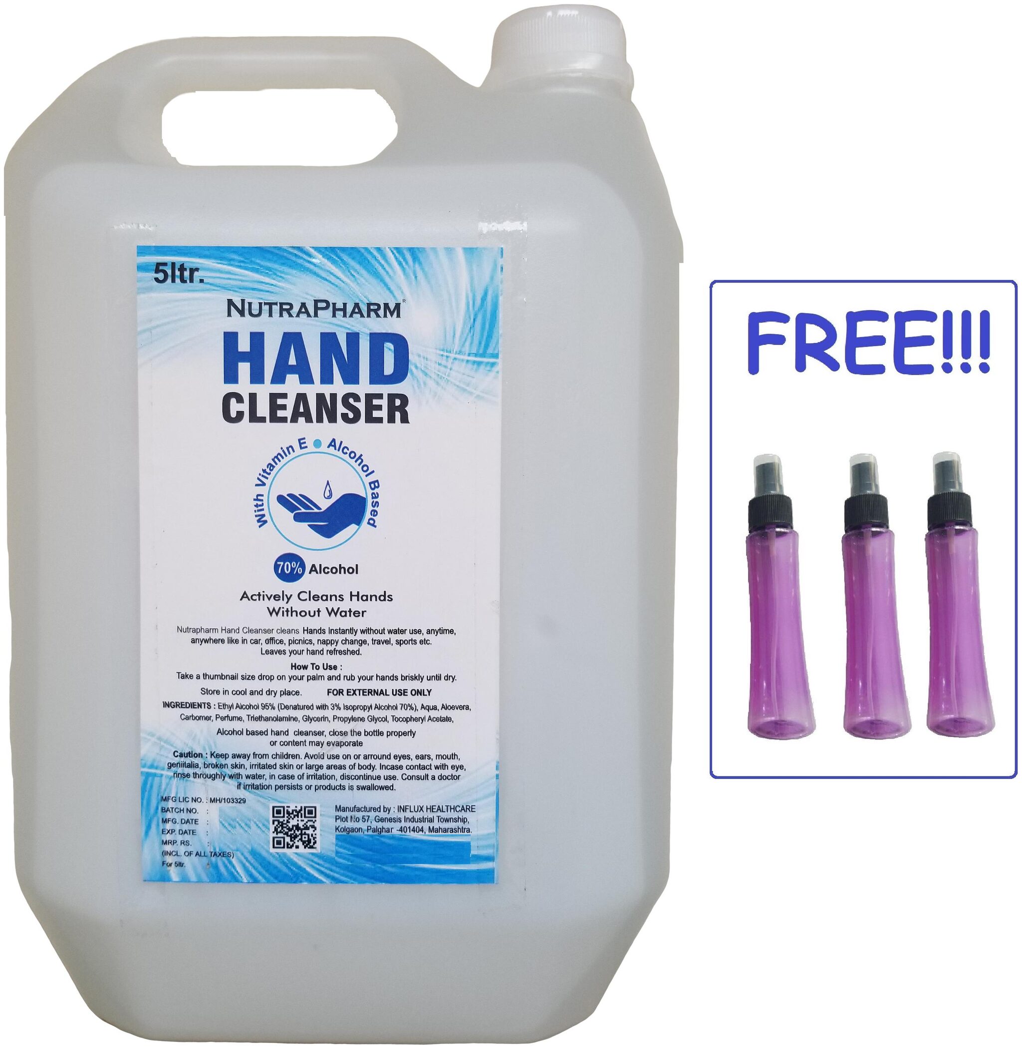 

Nutrapharm Fda Approved Sanitizer 5 L And 3 pcs Stylish Blue Spray Bottles ( Pack Of 1 )