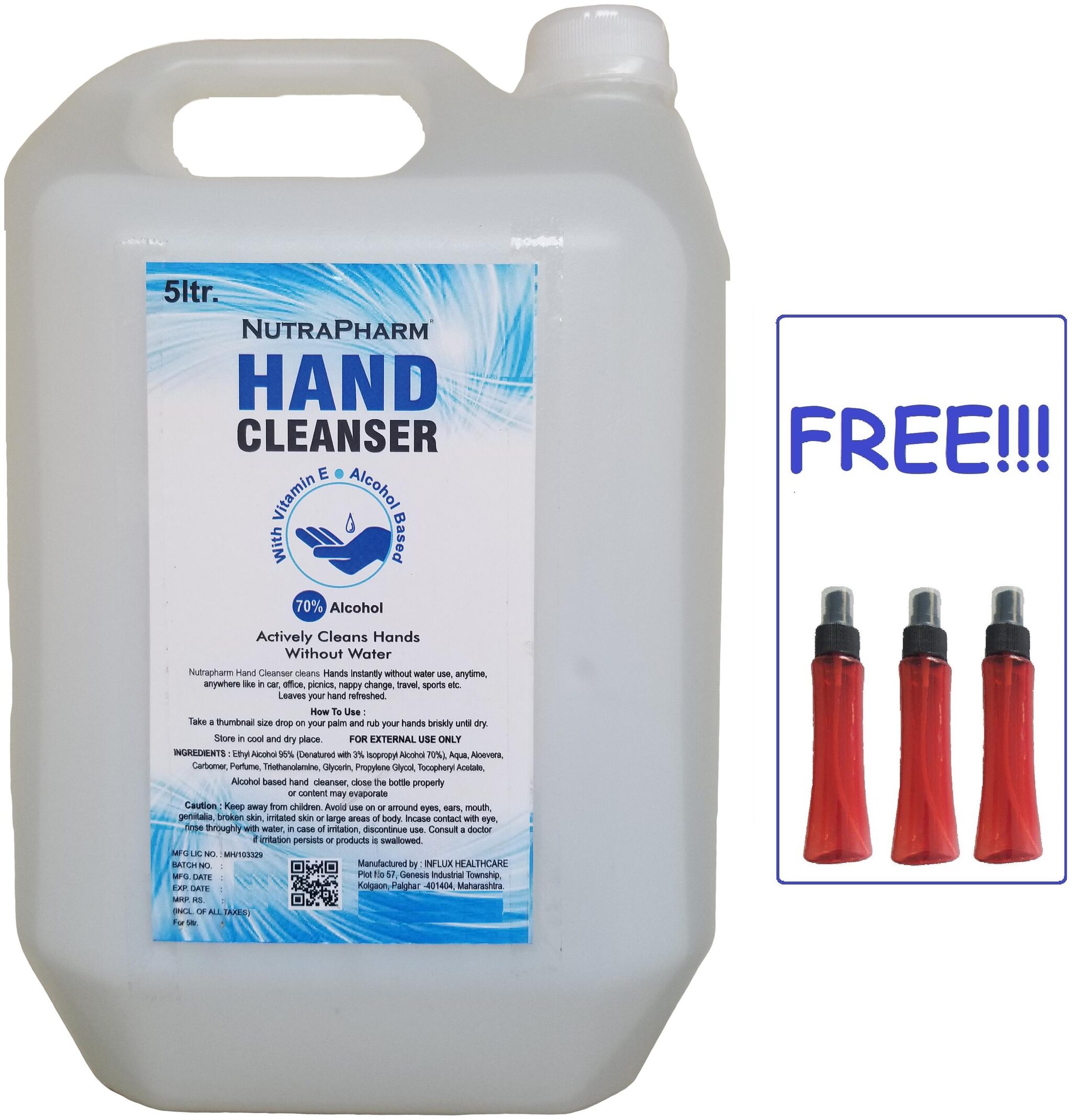 

Nutrapharm Fda Approved Sanitizer 5 L And 3 pcs Stylish Red Spray Bottles ( Pack Of 1 )