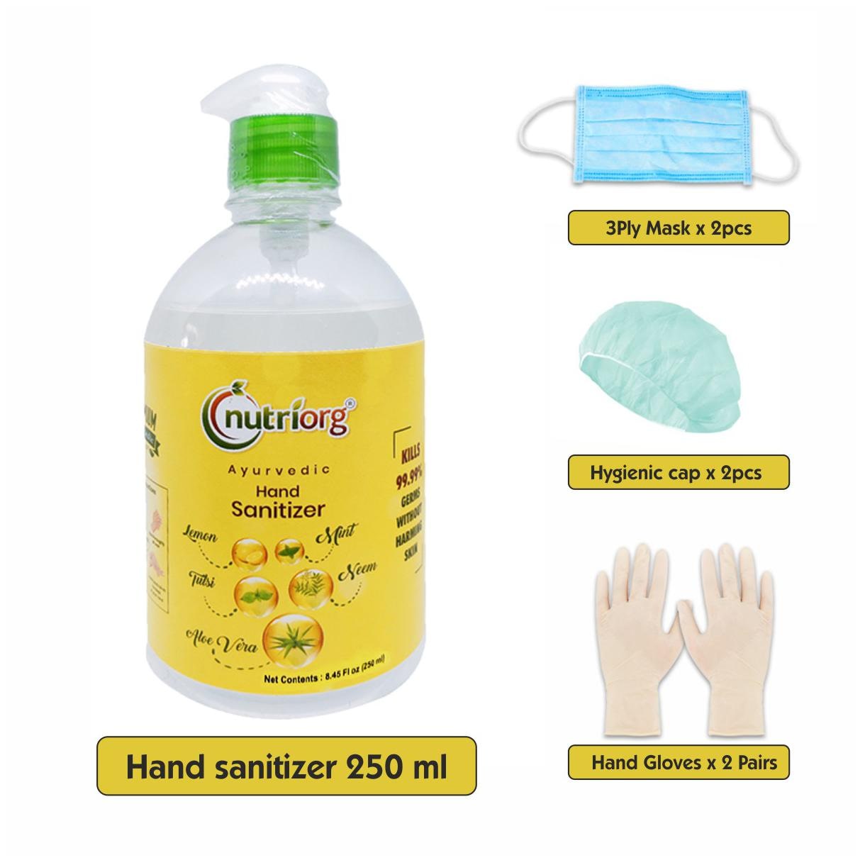 

Nutriorg Aloevara Mini Combo -1 Hand Sanitizer 250ml And 3 Ply face mask X 2 Pieces And Gloves x 2 Pair And Head Caps X 2 Pieces (Pack of 7)