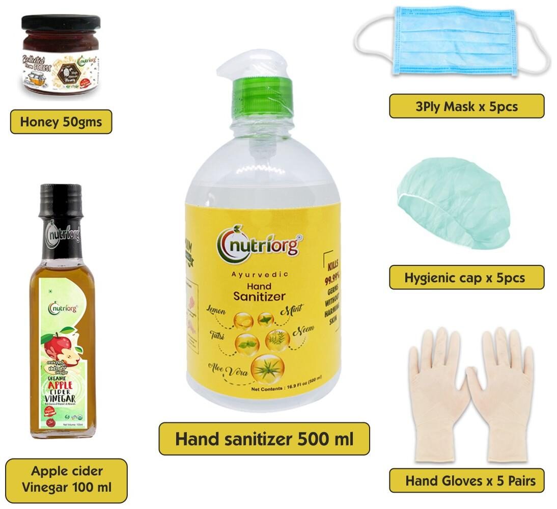 

Nutriorg Safety Combo -1 Sanitizer 500ml And 1 Apple Cider Vinegar 100ml And Honey 50g And 3 Ply Mask X 5 Pieces And Gloves X 5 Pair And Head Caps x 5 Pieces (Pack of 18)