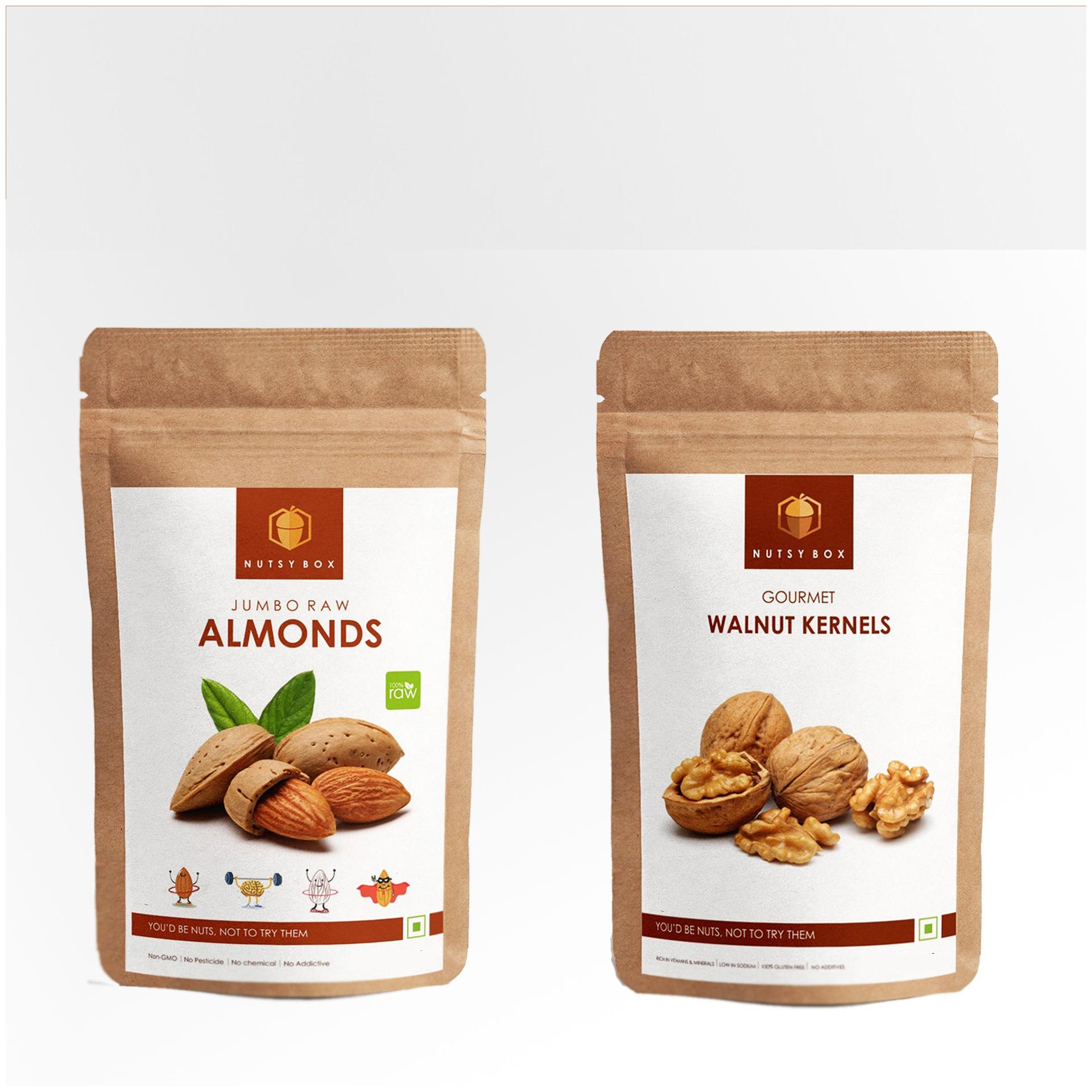 

Nutsy Box Brain Power Jumbo California Almonds and Walnuts Combo (150g Each) 300g (Pack of 2)