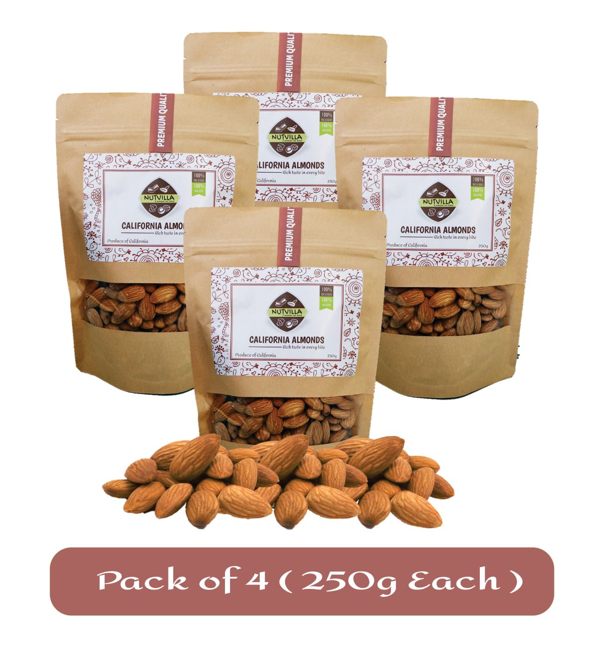 

Nutvilla California Almond Badam Large Size (4 Packs of 250g Each) 100 Natural Premium Californian Healthy Almond