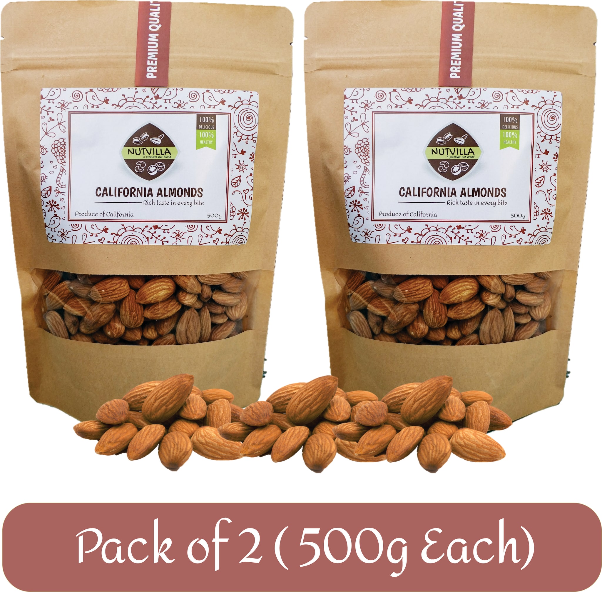 

Nutvilla California Almond Badam Large Size (2 Packs of 500g Each) 100 Natural Premium Californian Healthy Almond