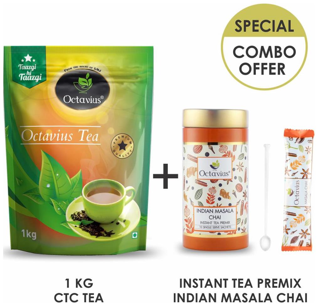 

Octavius Combo Of Assam Ctc Premium Black Tea 1Kg Indian Masala Sweetened Instant Tea Premix -10 Single Serve Sachets