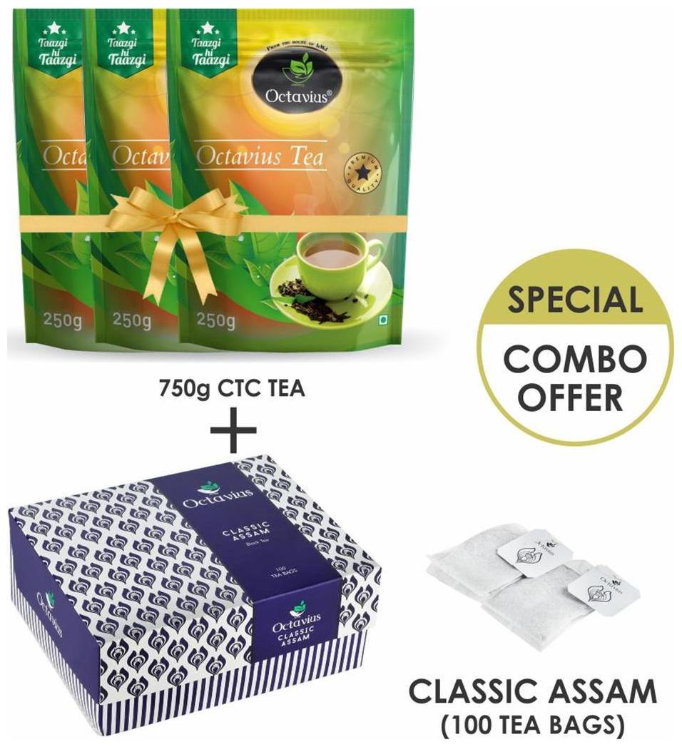 

Octavius Combo of 750g Assam CTC Premium Black Tea 250g 3 Classic Assam Black Tea 100 Single Serve Tea Bags