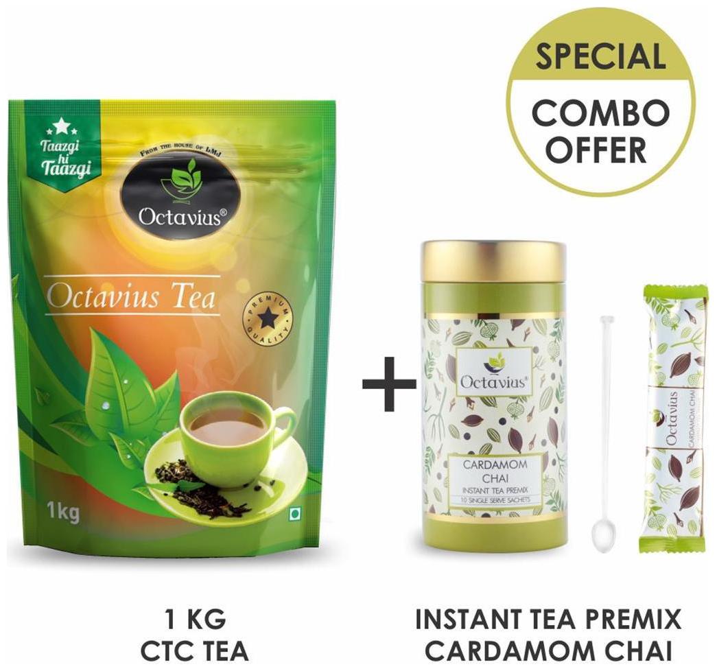 

Octavius Combo of Assam CTC Premium Black Tea 1kg Cardamom Chai Sweetened Instant Tea Premix - 10 Single Serve Sachets