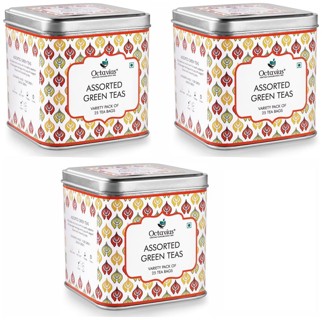 

Octavius Green Tea Bag Gift box - Set of 3 Assorted Green Tea Flavors in An Elegant Gift box - 25 Tea Bags in Gift Box (Pack of 3)