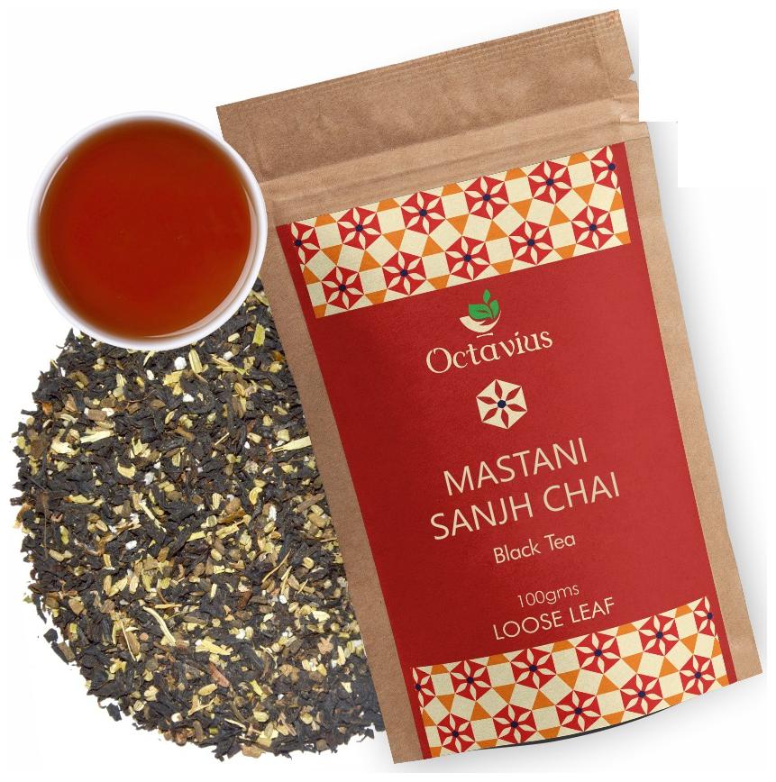 

Octavius Mastani Sanjh Chai - 100 g - Perfect Blend of Black Tea Cardamom Ajwain Fennel and Cloves Spiced Assam Digestive Energy Tea