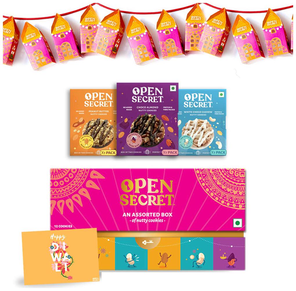 

Open Secret Christmas Gift Combo - 1 Gift Box 3 Tiffin Pack Christmas Card Christmas Lights Shades Healthy Cookies with No Added Maida Full of Nuts Chocolate