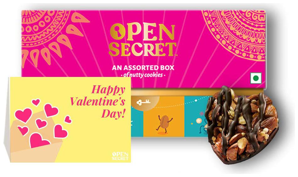 

Open Secret Valentine Gift Box Heart Shaped Healthy Chocolate Cookies with Nuts 12 Cookies x 12 5 g Each 1 pc Personalized Card (Pack of 1)