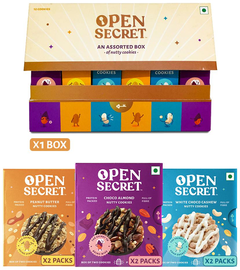 

Open Secret Combo - 1 Assorted Gift Box (12 cookies per box)-150g X 1 Choco Almond Nutty Cookies -25g x 2 White Choco Cashew Nutty Cookies -25g X 2 Peanut Butter Nutty -25g X 2 (Pack of 7)