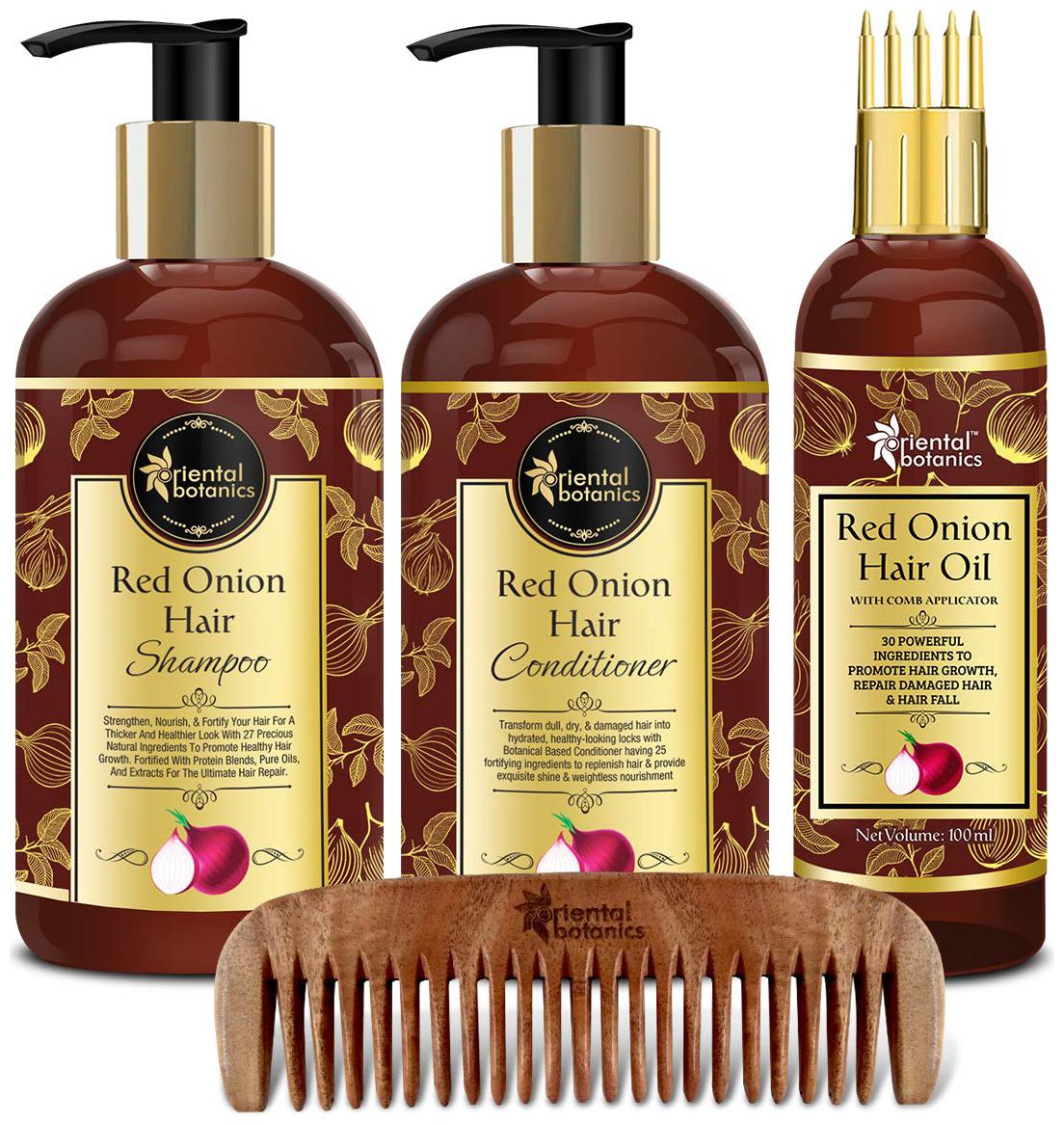 

Oriental Botanics Red Onion Hair Shampoo 300ml Conditioner 300ml Hair Oil 100ml 1 pc Neem Comb Pack of 4